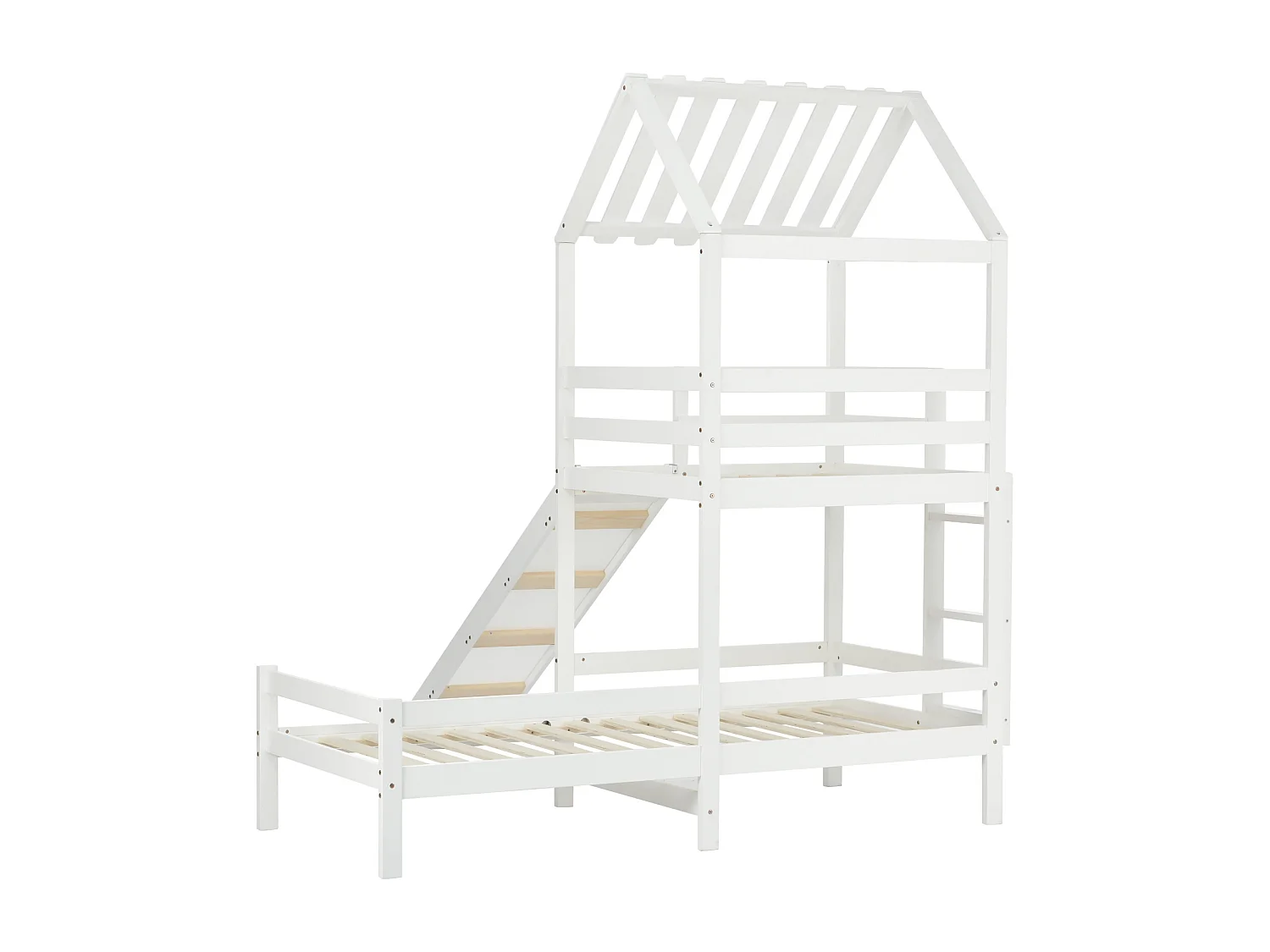 Lit superposé enfant 90x200cm+90x100cm - avec toboggan, sommier à lattes en pin, antichute, 2 niveaux - Blanc