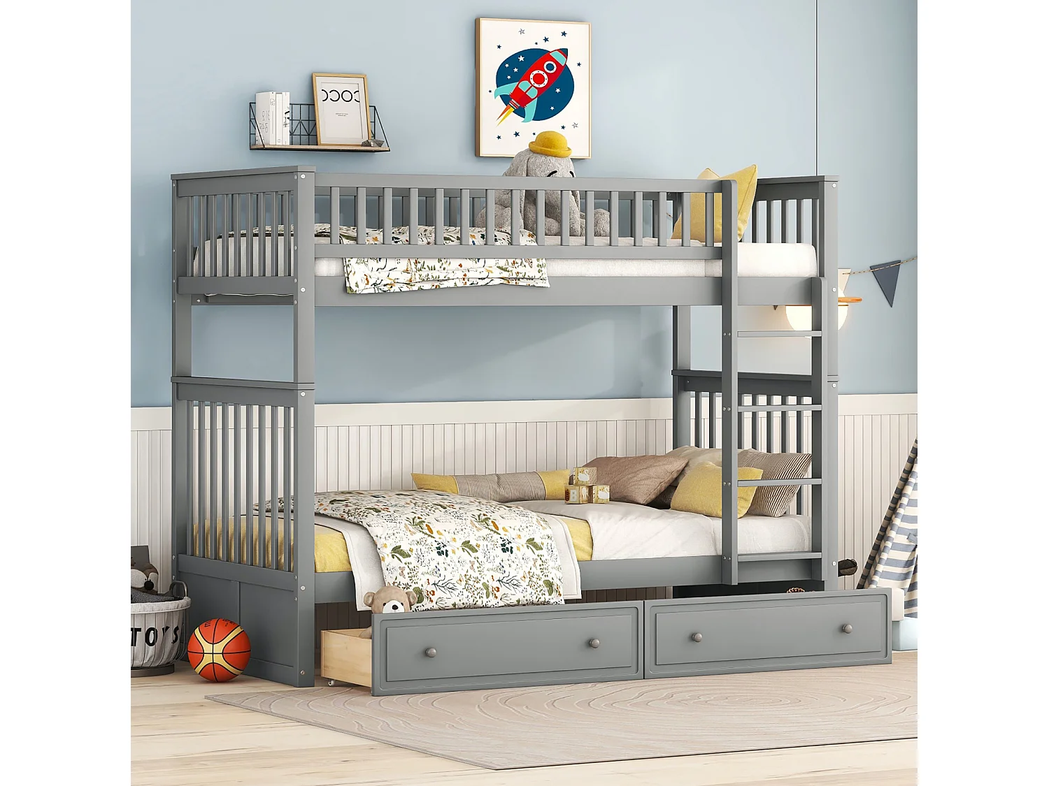 Litera 90x200cm - cama infantil funcional con 2 cajones de almacenaje convertible en cama para 2 personas - gris