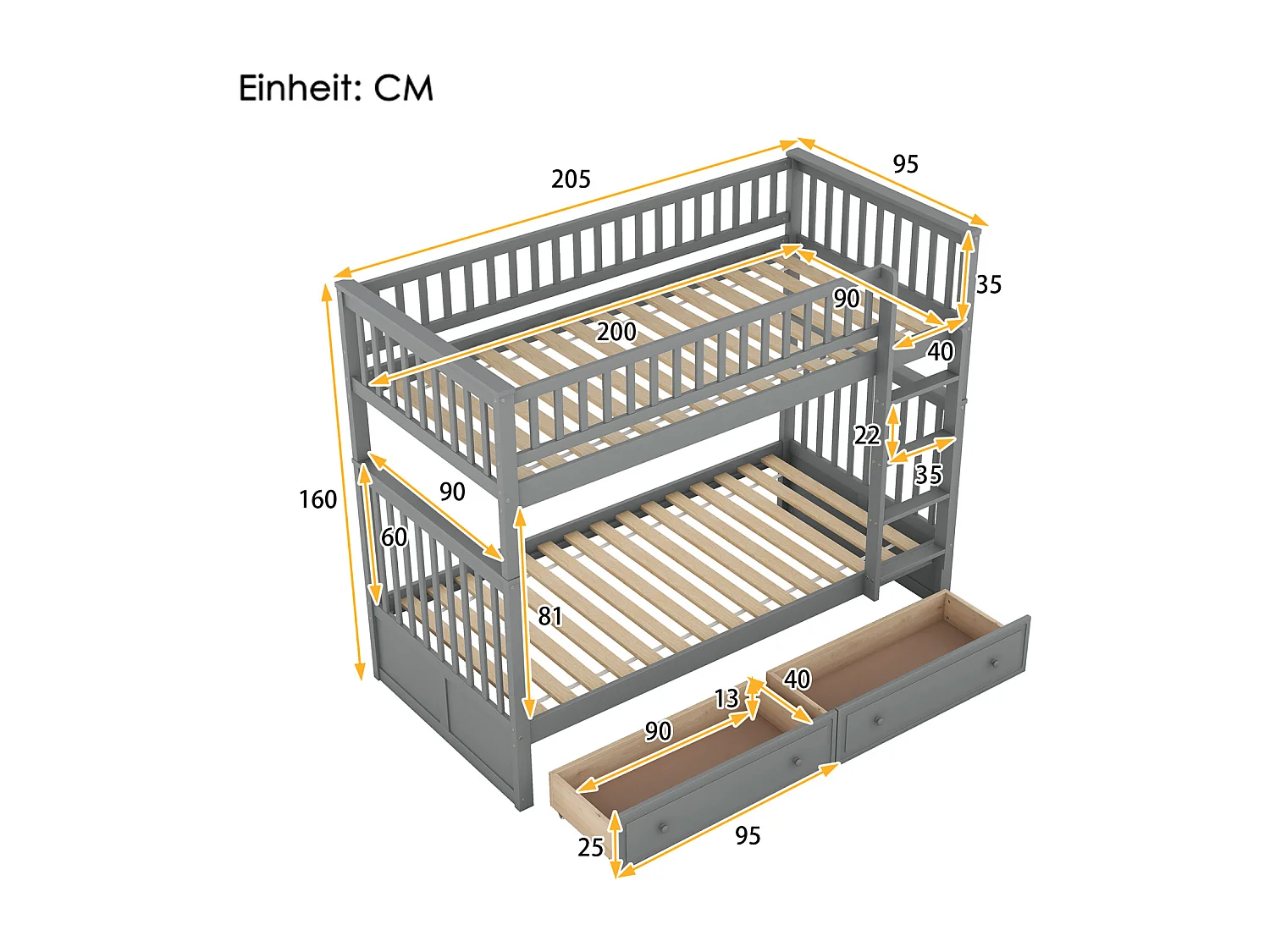 Lit superposé 90x200cm - lit d'enfant fonctionnel avec 2 tiroirs de rangement lit convertible pour 2 couchage - gris