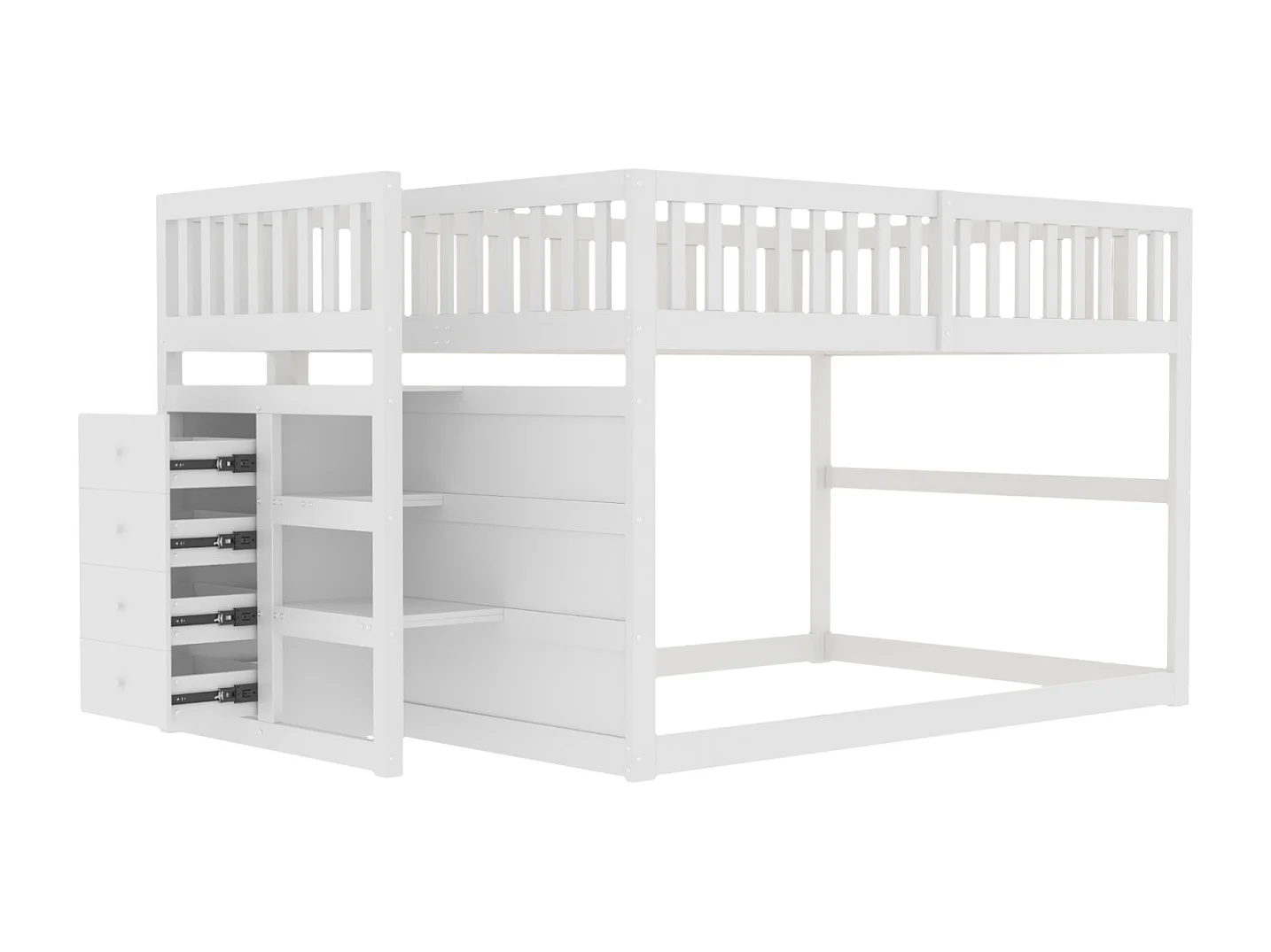 Beliche baixo Cama infantil 140 x 200 cm em madeira com compartimentos de arrumação abertos e vedação, branca