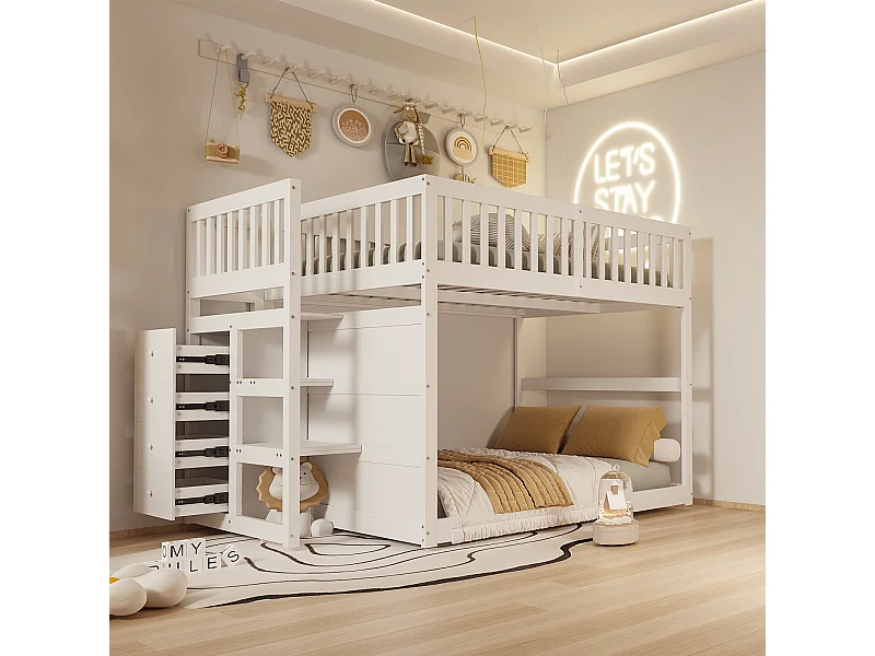 Lit superposé bas Lit enfant 140 x 200 cm en bois avec compartiments de rangement ouverts et clôture, blanc