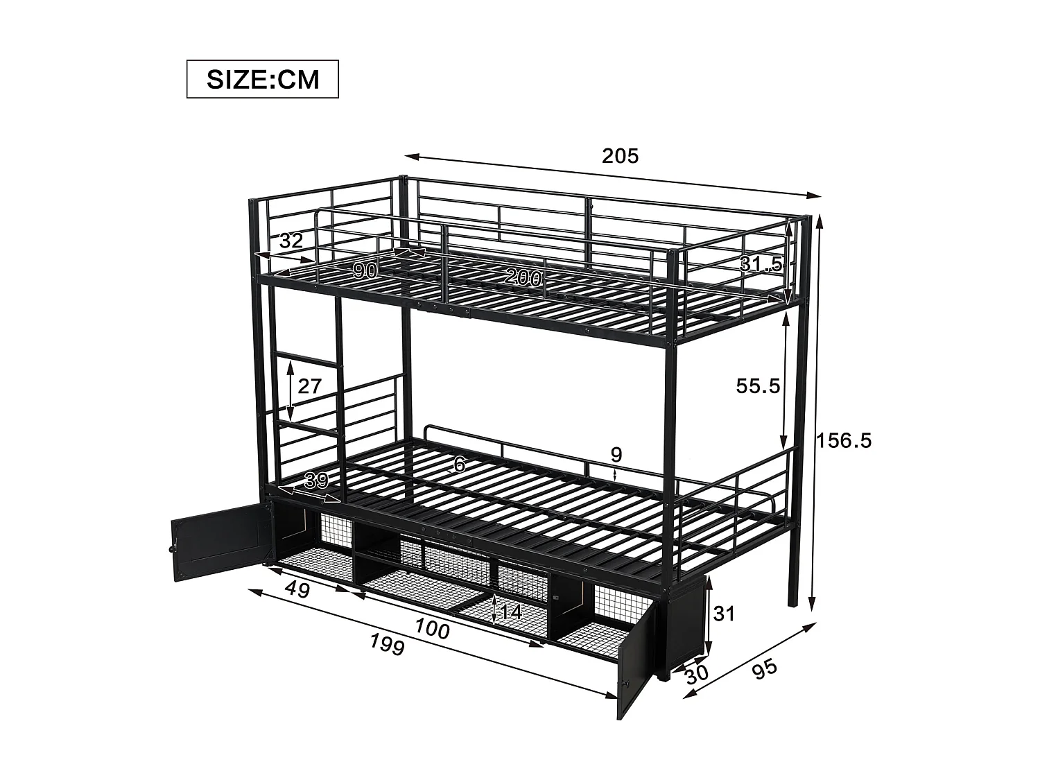 Lit superposé 90x200 cm en métal avec étagère ouverte et placard à deux portes, échelle latérale et barrière de sécurité - Noir