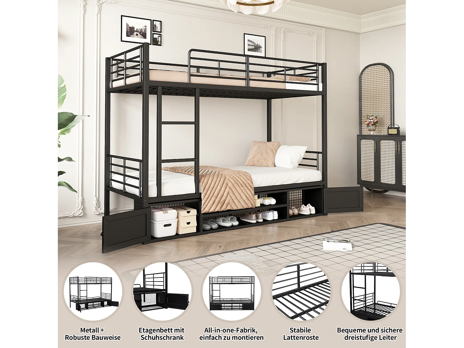 Lit superposé 90x200 cm en métal avec étagère ouverte et placard à deux portes, échelle latérale et barrière de sécurité - Noir