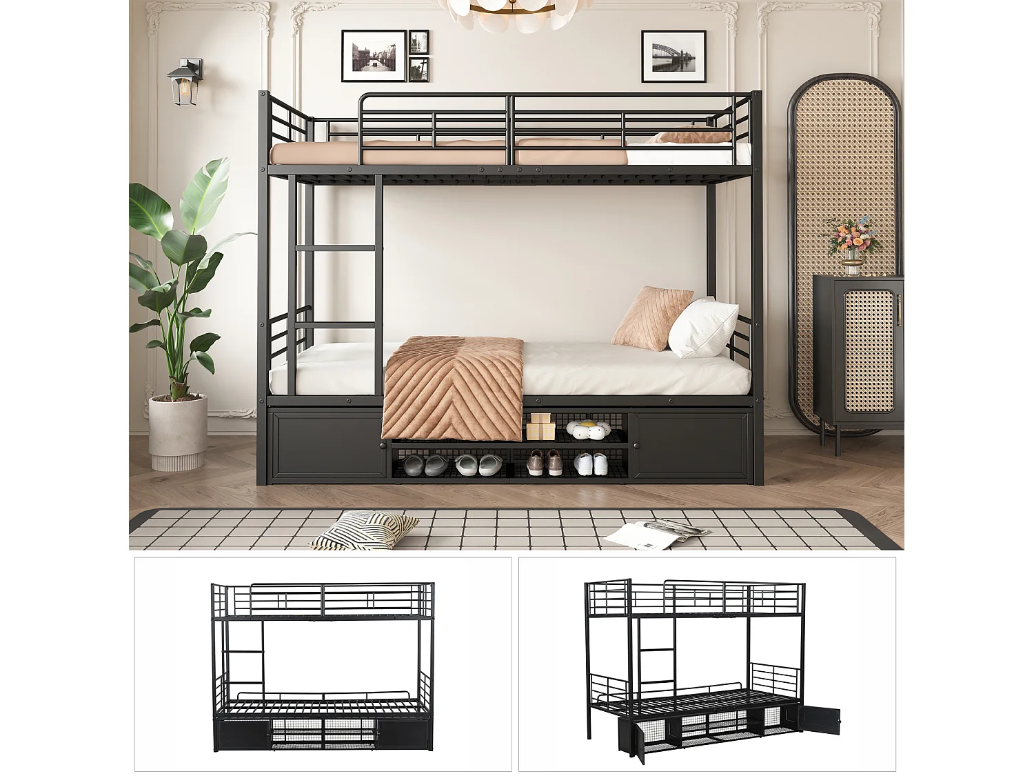 Lit superposé 90x200 cm en métal avec étagère ouverte et placard à deux portes, échelle latérale et barrière de sécurité - Noir