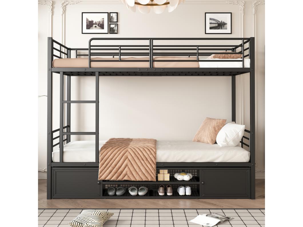 Stapelbed van metaal 90x200 cm met open plank en kast met twee deuren, zijladder en uitvalbeveiliging - Zwart