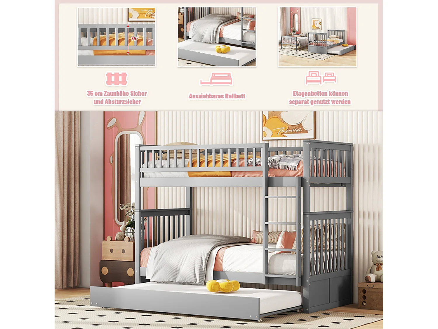 Stapelbed 90x200cm met 1 uitschuifbed 90x190cm, met hoge, stabiele, anti-val trapleuning, grijs