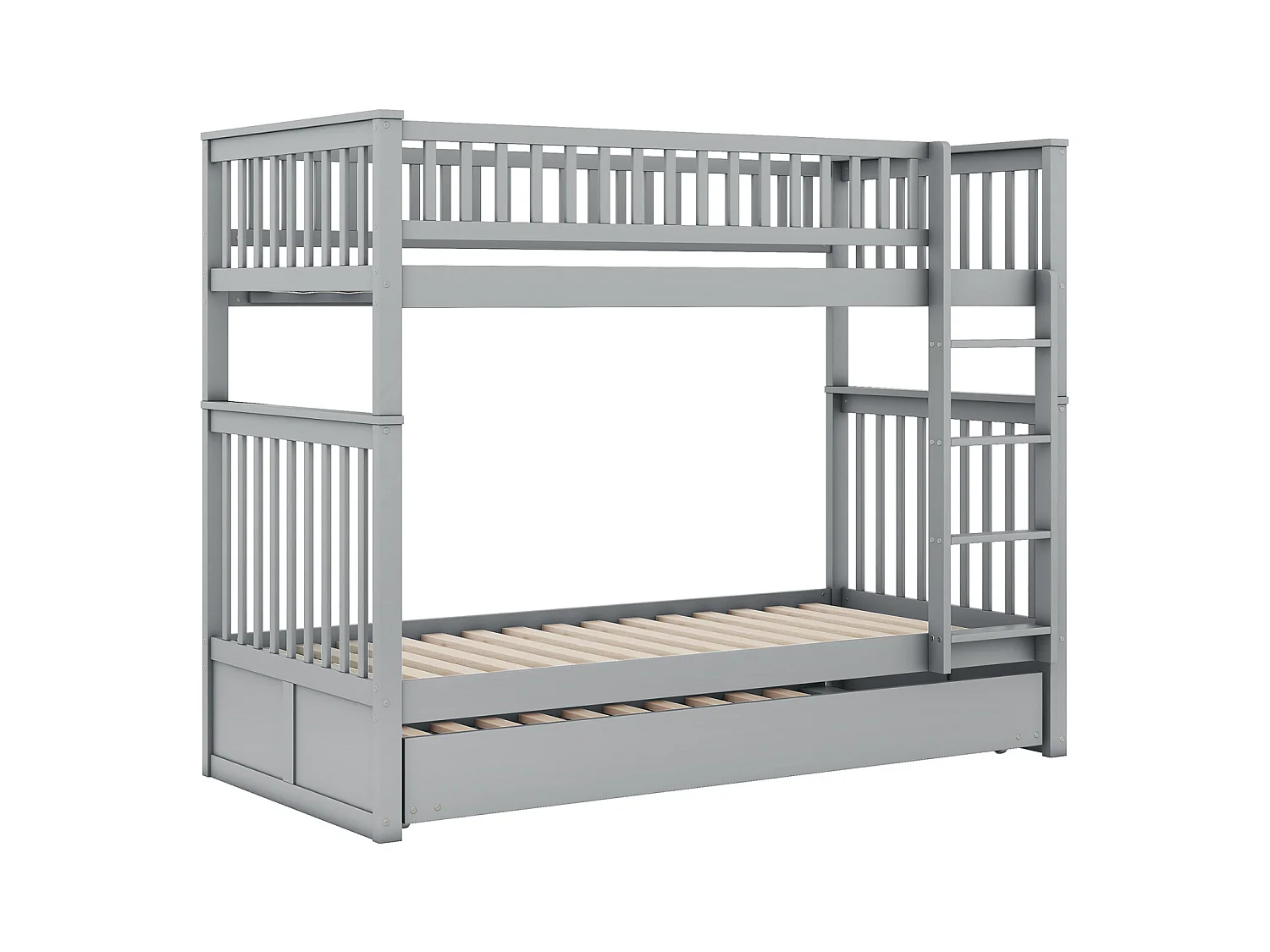 Lit superposé 90x200cm avec 1 lit gigogne 90x190cm, avec garde-corps haut escalier stable, anti-chutes, gris