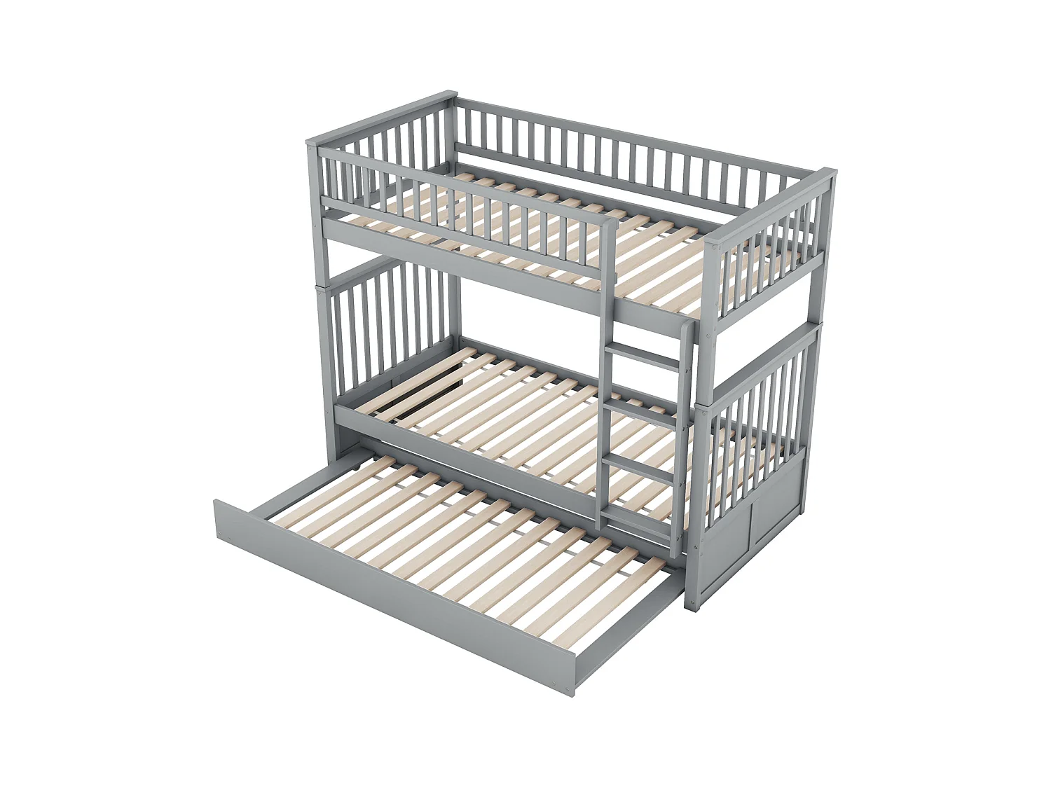 Lit superposé 90x200cm avec 1 lit gigogne 90x190cm, avec garde-corps haut escalier stable, anti-chutes, gris