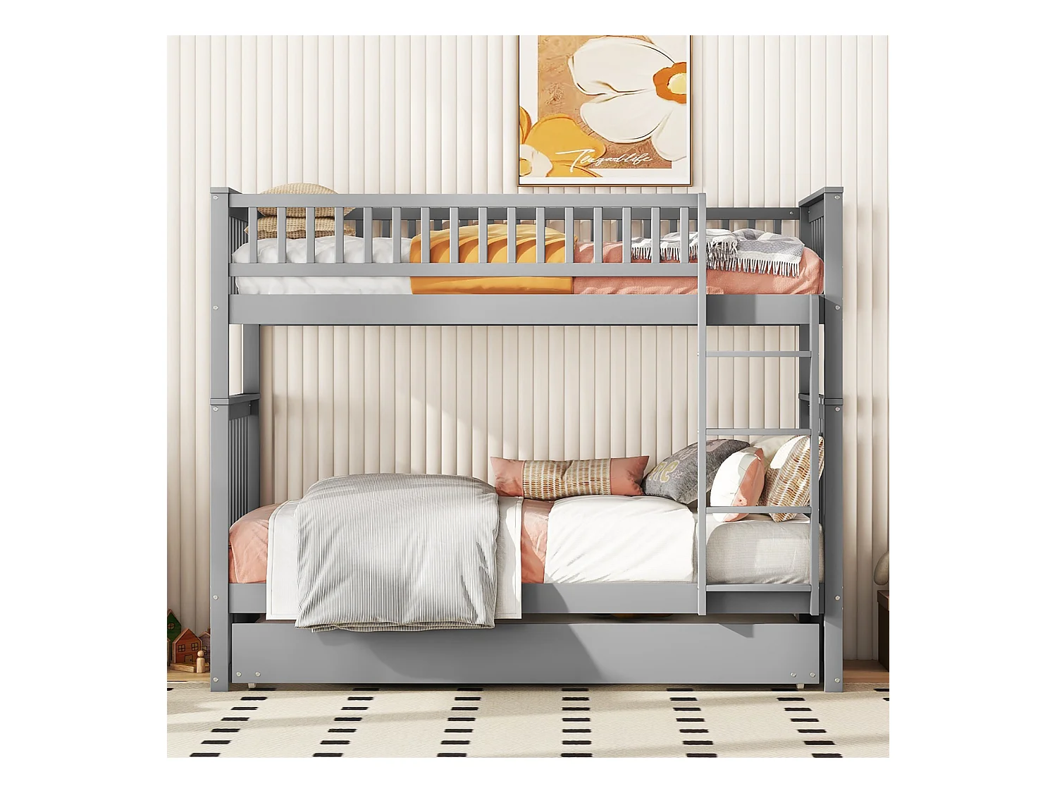 Lit superposé 90x200cm avec 1 lit gigogne 90x190cm, avec garde-corps haut escalier stable, anti-chutes, gris