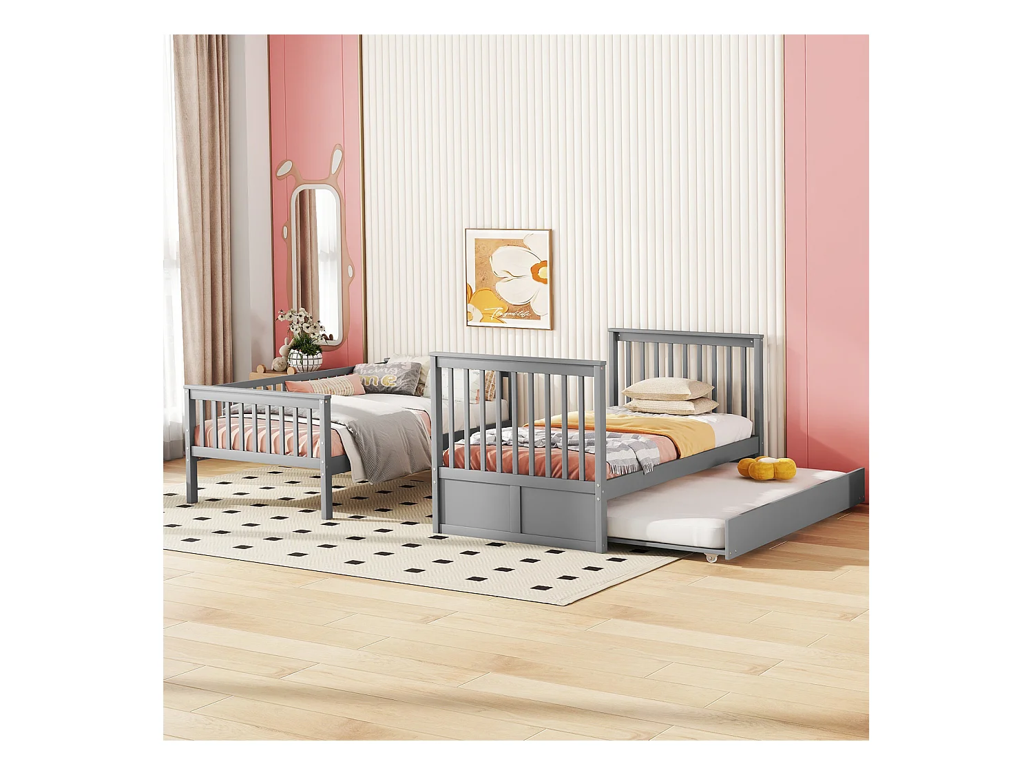 Lit superposé 90x200cm avec 1 lit gigogne 90x190cm, avec garde-corps haut escalier stable, anti-chutes, gris