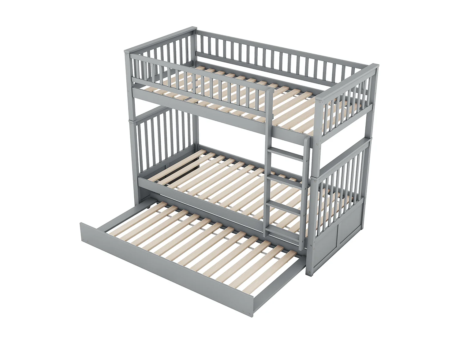 Lit superposé 90x200cm avec 1 lit gigogne 90x190cm, avec garde-corps haut escalier stable, anti-chutes, gris