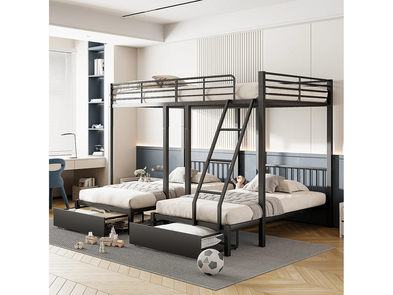 Stapelbed met drie bedden, metalen bedframe, 140x200cm en 2 bedden van 90x200cm, met ladder en 2 lades, inclusief lattenbodem, zwart