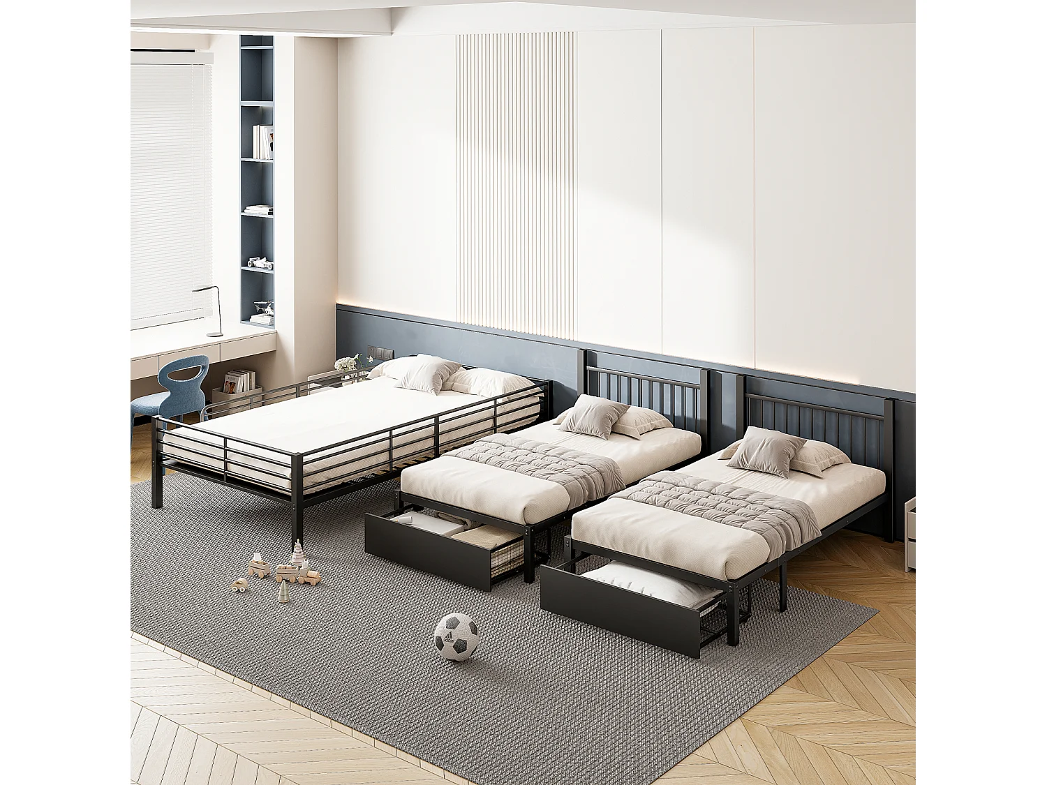 Stapelbed met drie bedden, metalen bedframe, 140x200cm en 2 bedden van 90x200cm, met ladder en 2 lades, inclusief lattenbodem, zwart