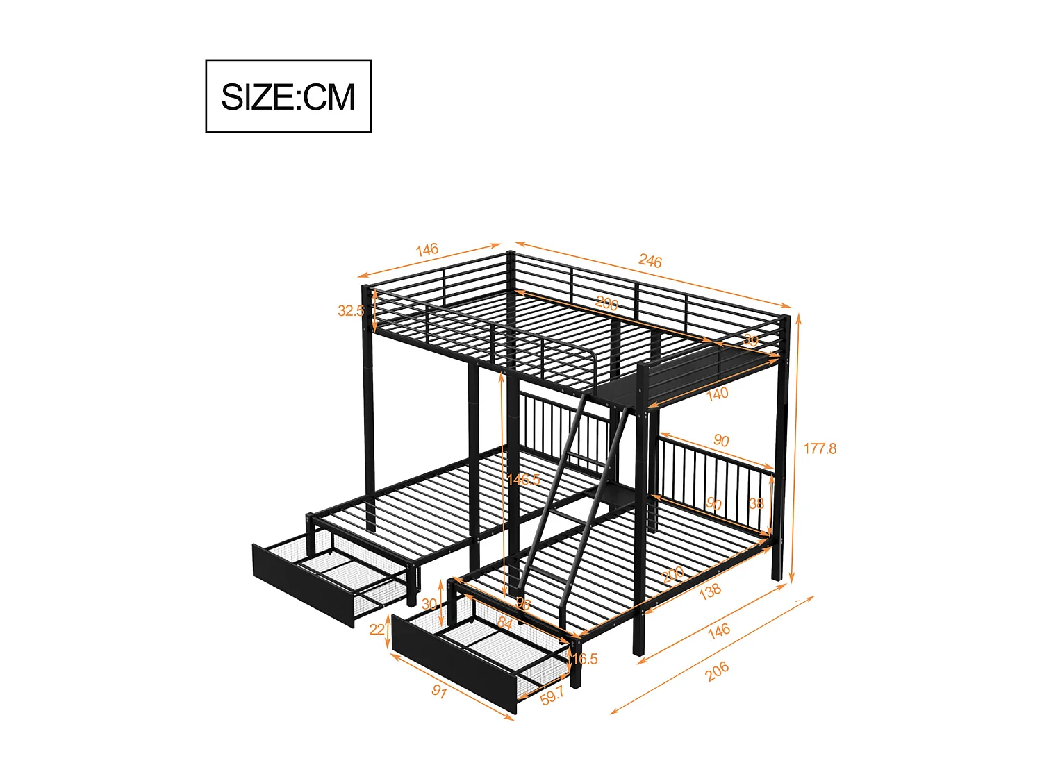 Stapelbed met drie bedden, metalen bedframe, 140x200cm en 2 bedden van 90x200cm, met ladder en 2 lades, inclusief lattenbodem, zwart