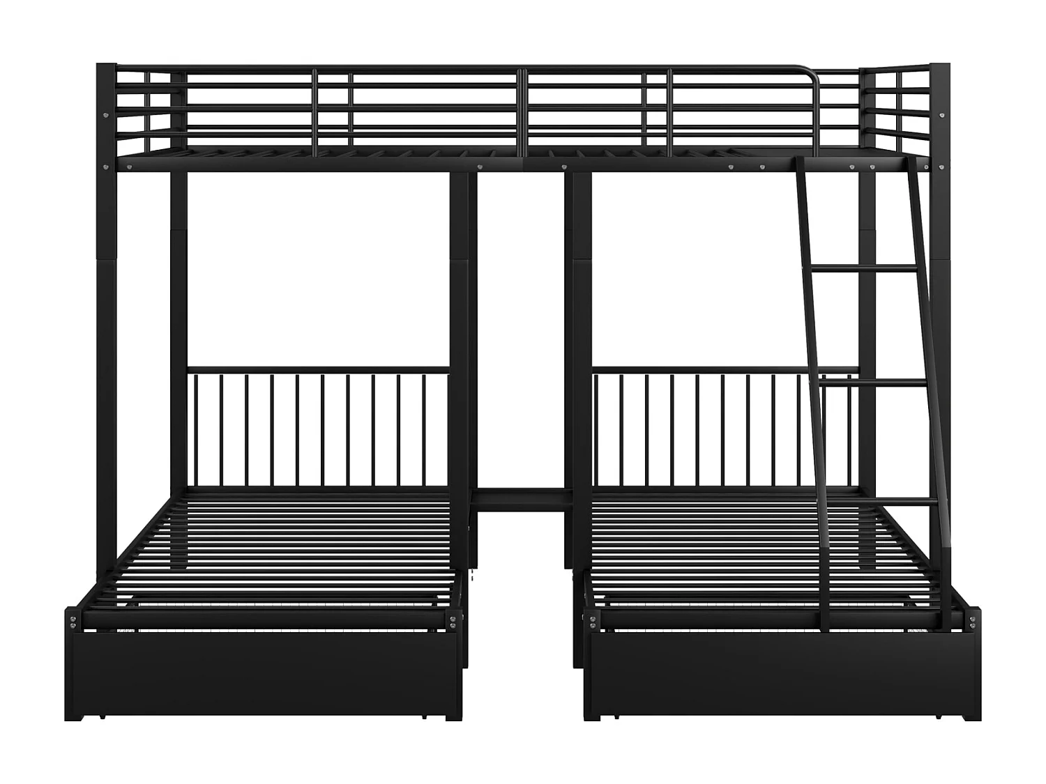 Stapelbed met drie bedden, metalen bedframe, 140x200cm en 2 bedden van 90x200cm, met ladder en 2 lades, inclusief lattenbodem, zwart