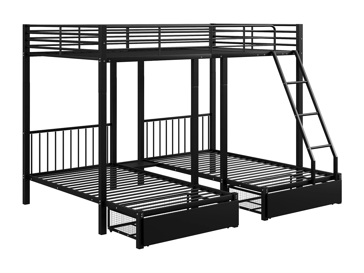 Stapelbed met drie bedden, metalen bedframe, 140x200cm en 2 bedden van 90x200cm, met ladder en 2 lades, inclusief lattenbodem, zwart