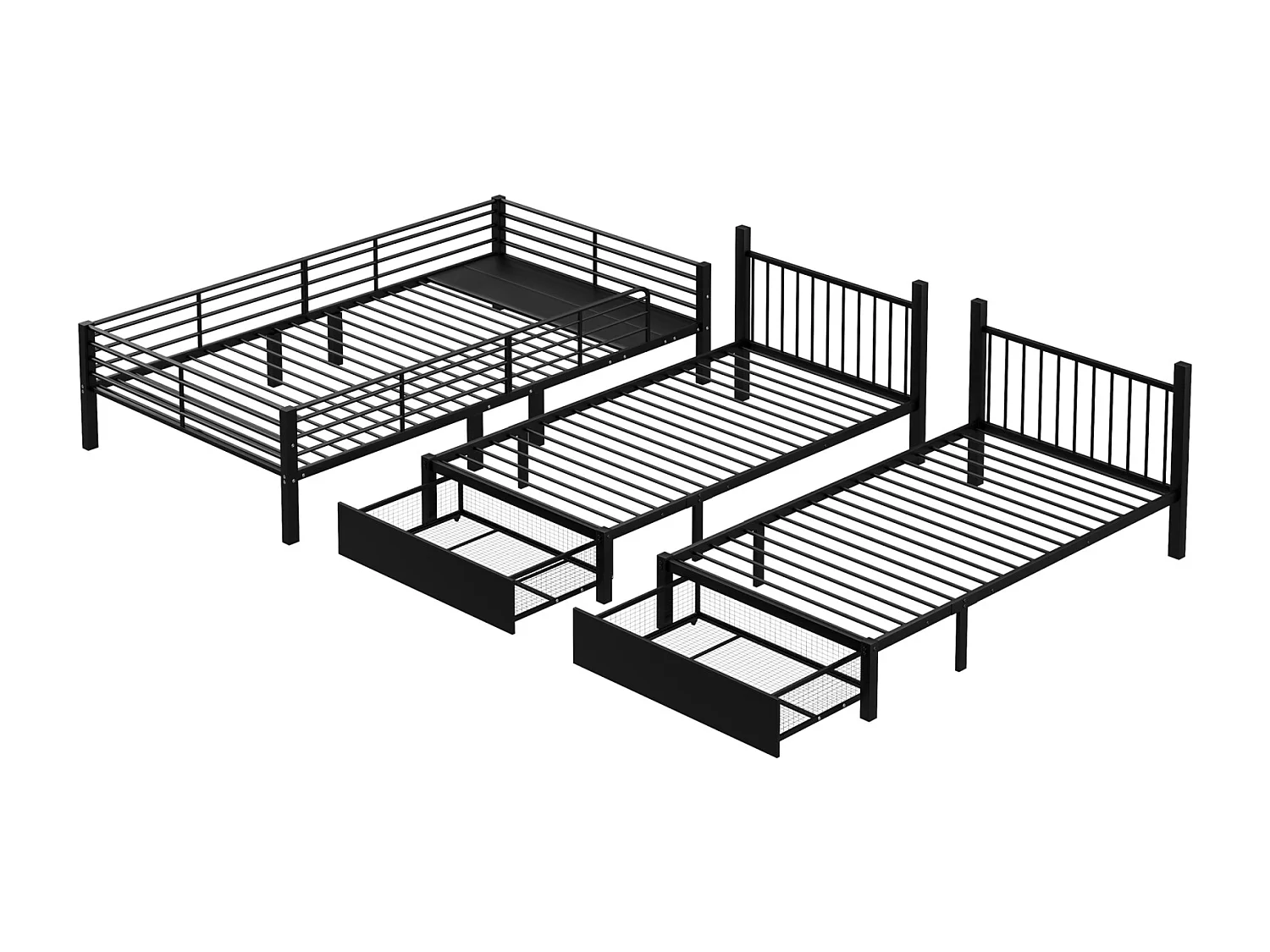 Stapelbed met drie bedden, metalen bedframe, 140x200cm en 2 bedden van 90x200cm, met ladder en 2 lades, inclusief lattenbodem, zwart