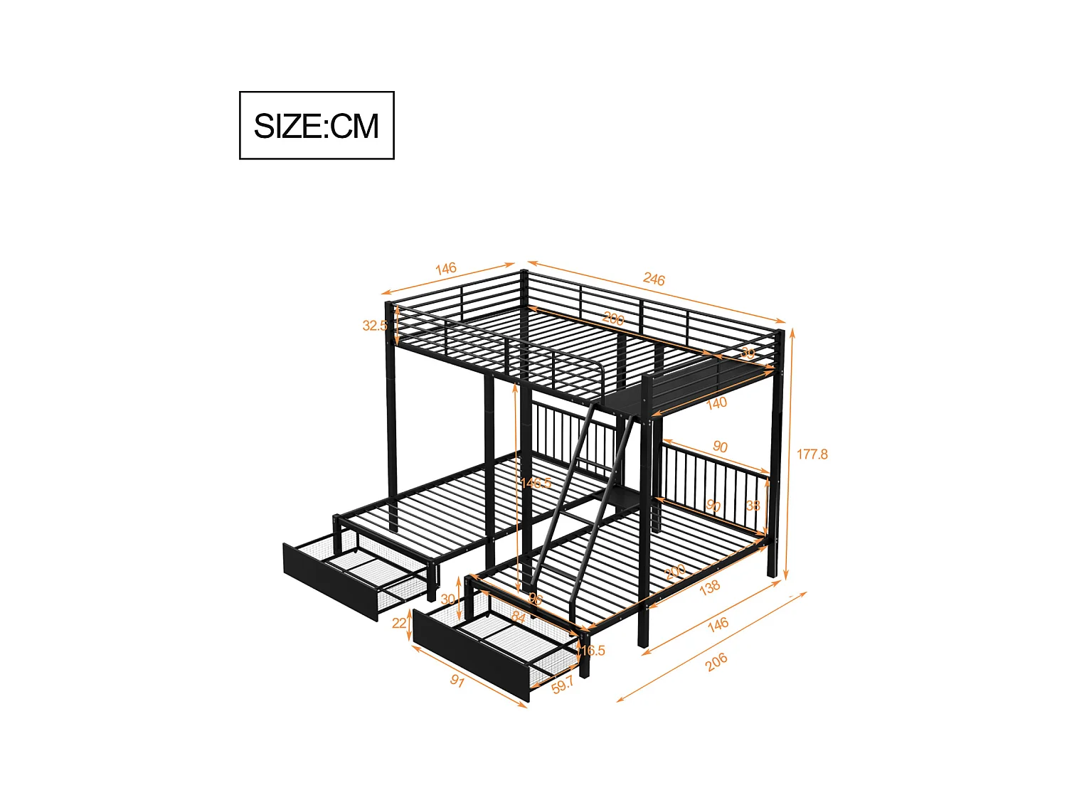 Litera triple, estructura de metal, 140x200cm y 2 camas de 90x200cm, con escalera y 2 cajones, somier incluido, color negro