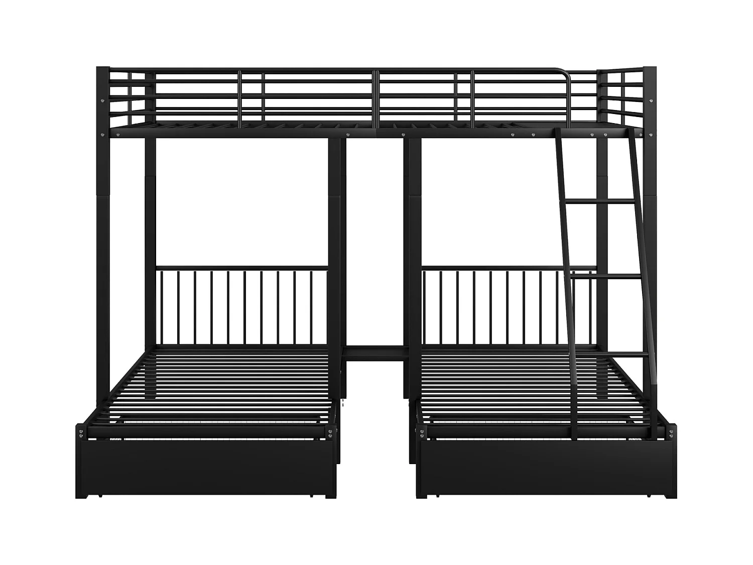 Litera triple, estructura de metal, 140x200cm y 2 camas de 90x200cm, con escalera y 2 cajones, somier incluido, color negro