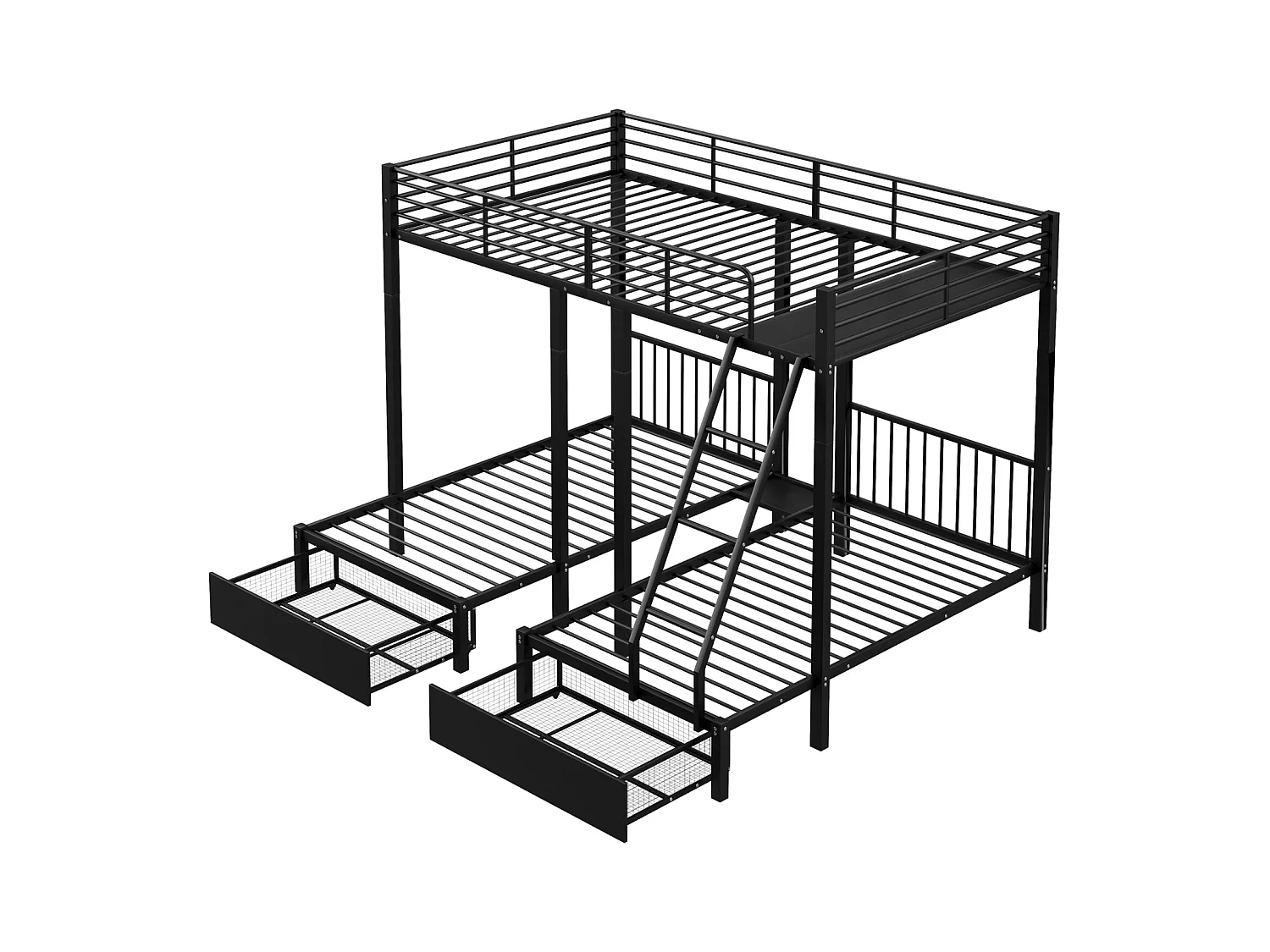 Litera triple, estructura de metal, 140x200cm y 2 camas de 90x200cm, con escalera y 2 cajones, somier incluido, color negro