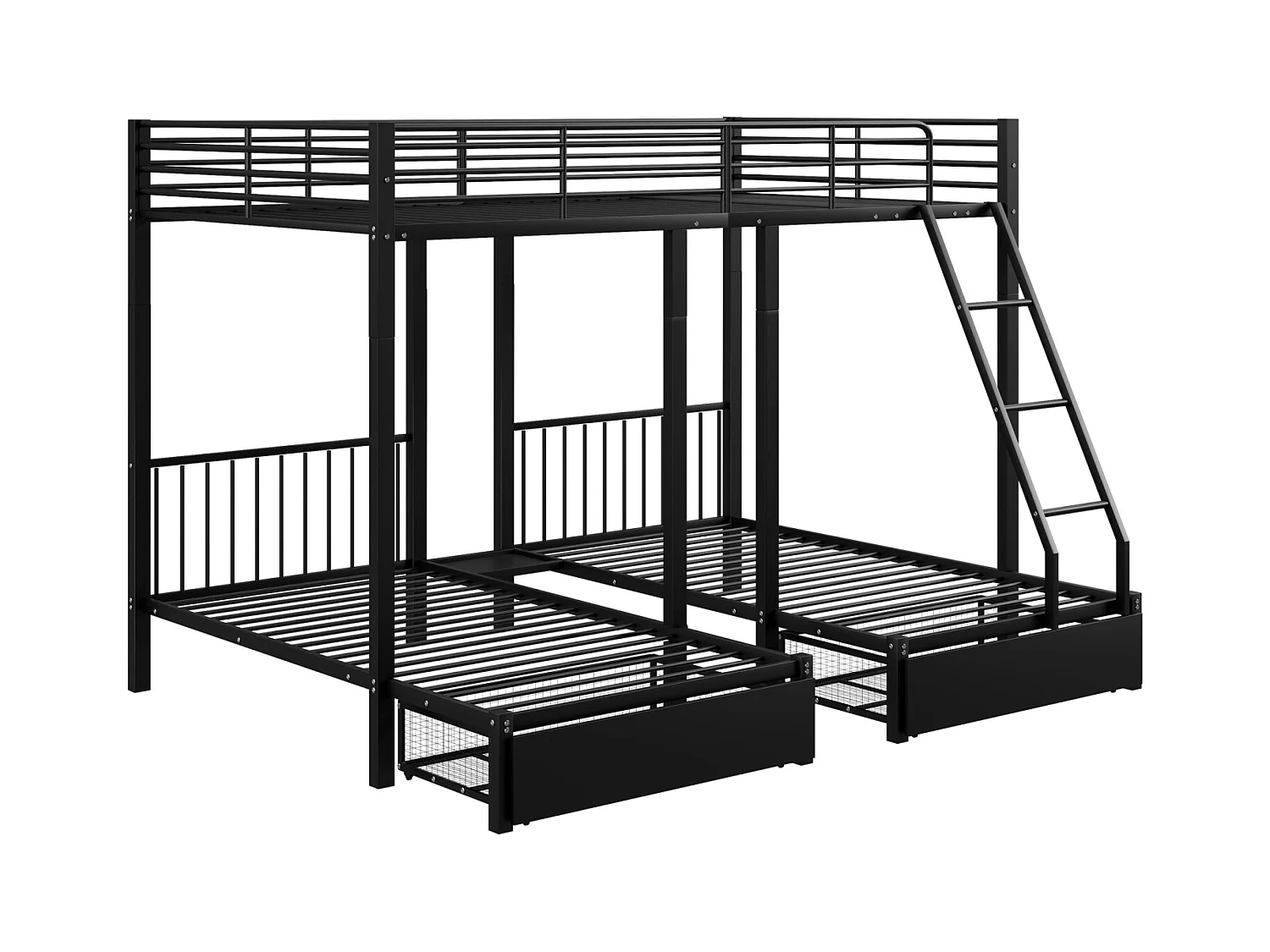 Litera triple, estructura de metal, 140x200cm y 2 camas de 90x200cm, con escalera y 2 cajones, somier incluido, color negro