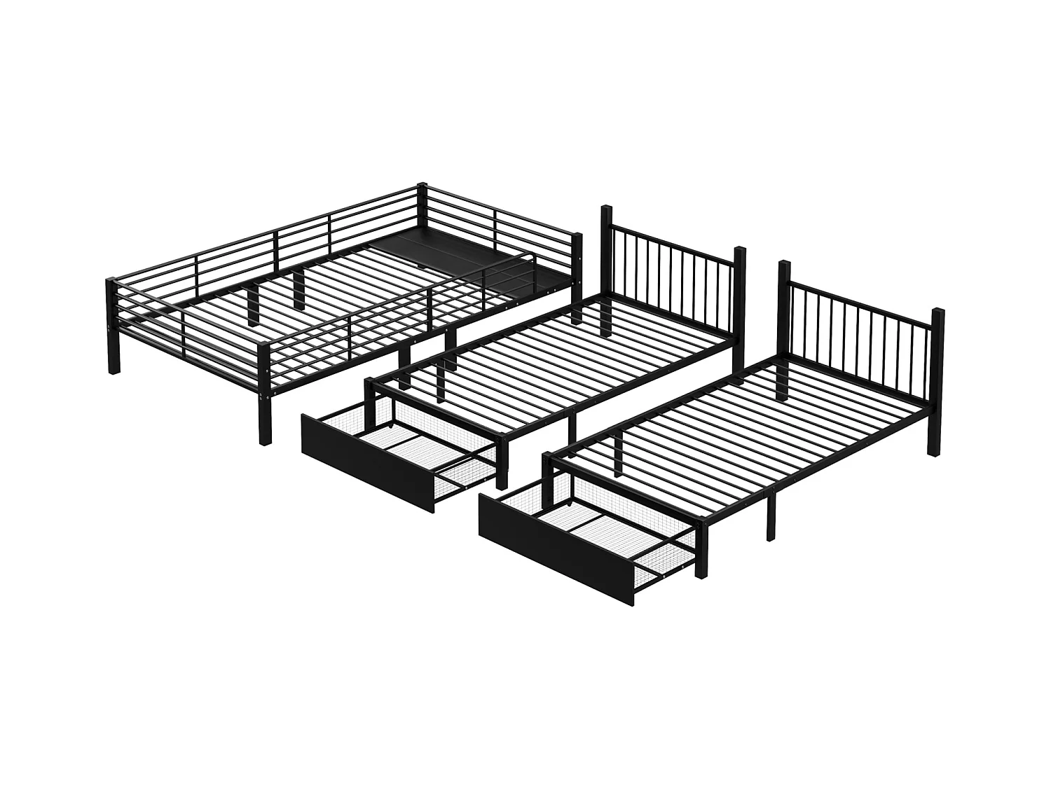 Litera triple, estructura de metal, 140x200cm y 2 camas de 90x200cm, con escalera y 2 cajones, somier incluido, color negro