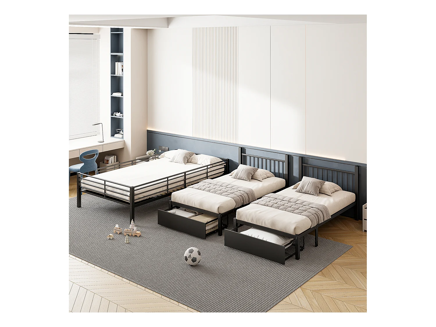 Litera triple, estructura de metal, 140x200cm y 2 camas de 90x200cm, con escalera y 2 cajones, somier incluido, color negro