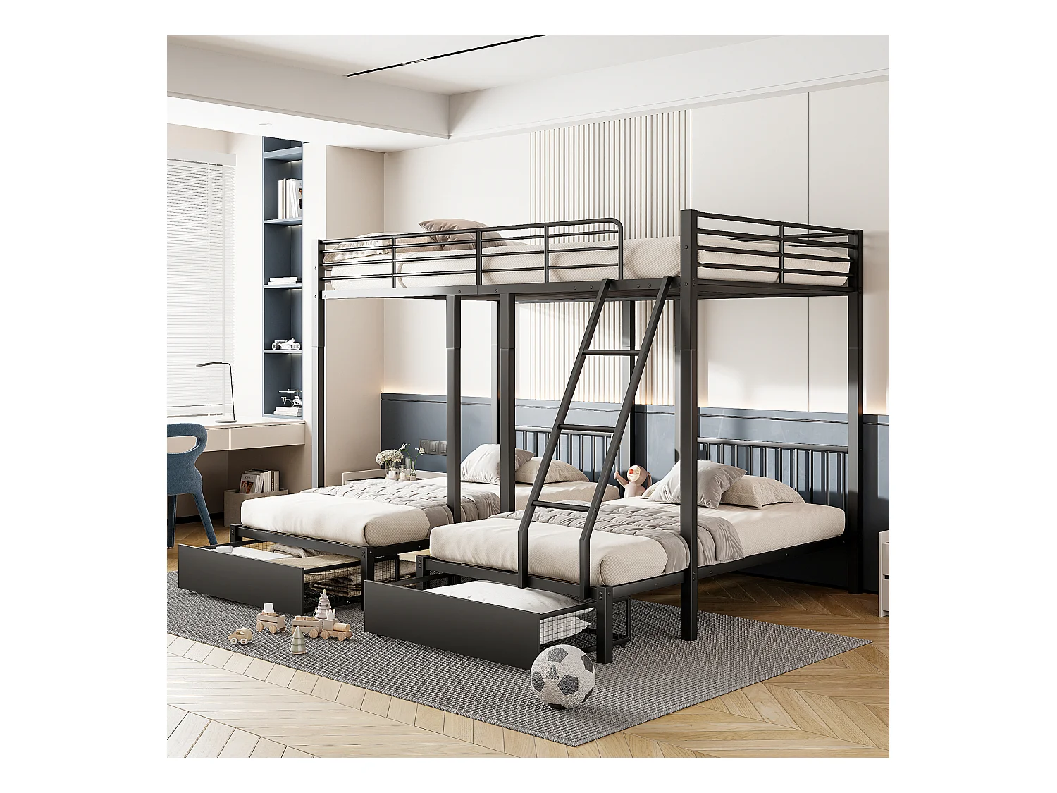 Litera triple, estructura de metal, 140x200cm y 2 camas de 90x200cm, con escalera y 2 cajones, somier incluido, color negro