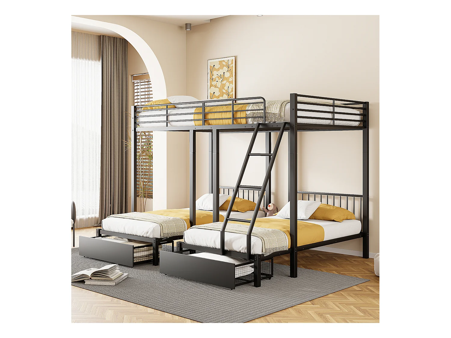 Litera triple, estructura de metal, 140x200cm y 2 camas de 90x200cm, con escalera y 2 cajones, somier incluido, color negro