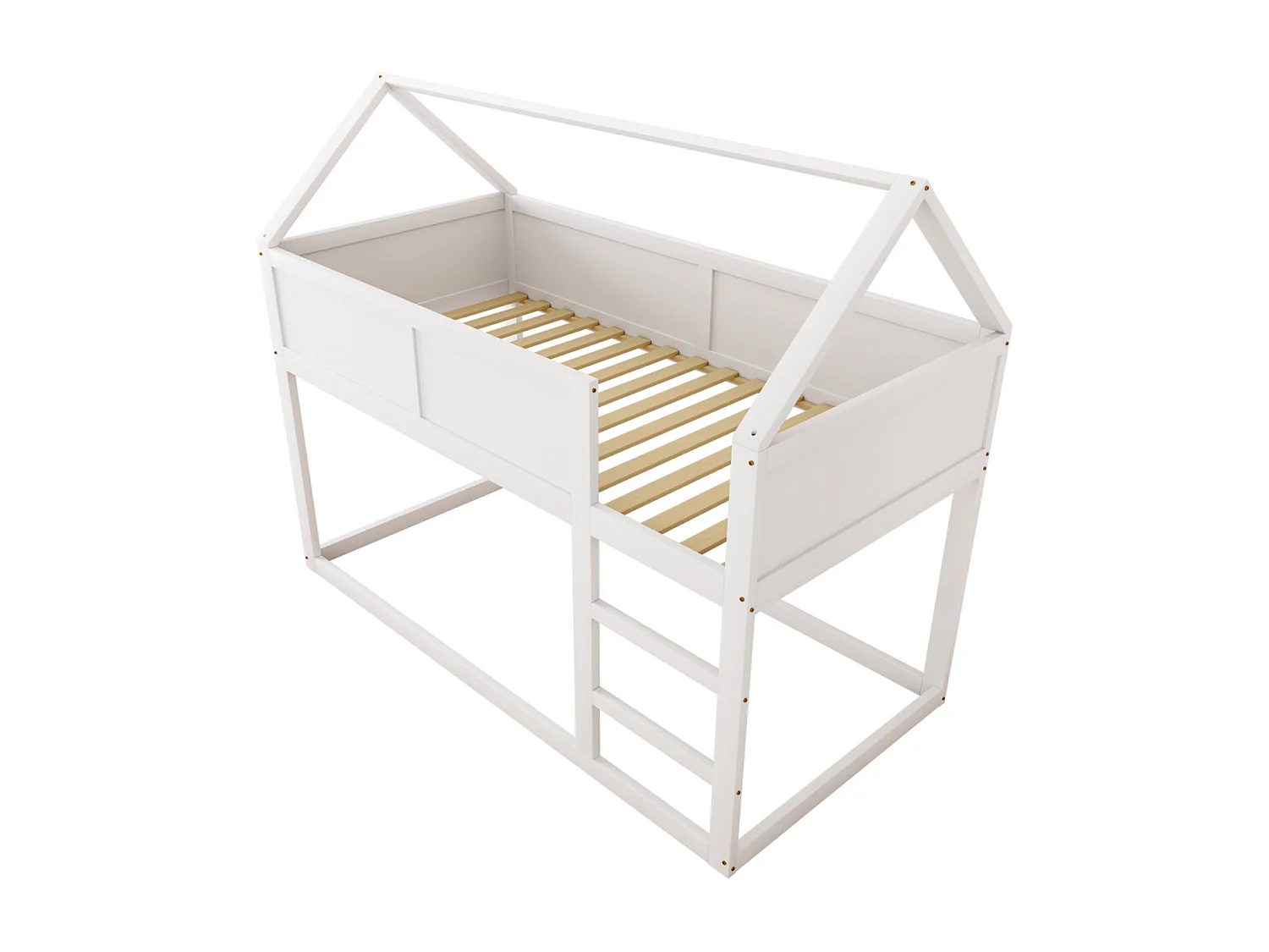 Litera de 90x200 cm, cama infantil con escalera y 1 somier en la parte superior, estructura de madera maciza, color madera blanca.