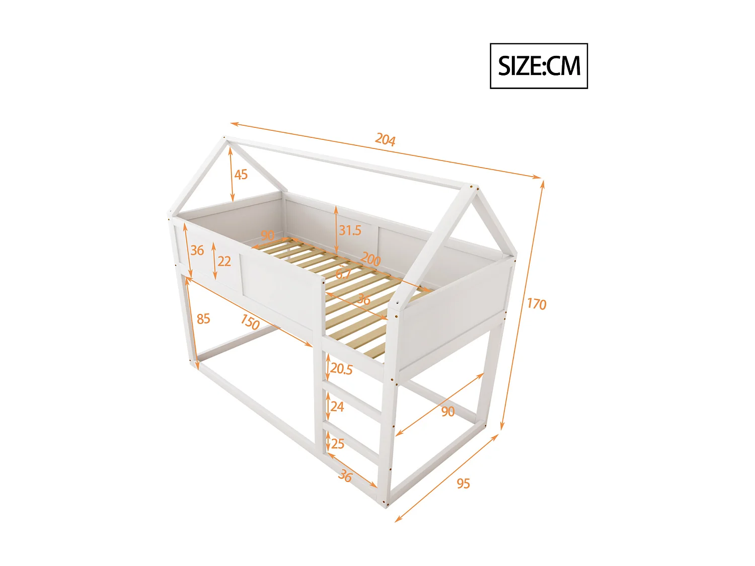 Beliche 90x200cm, cama de cabine infantil com escada e 1x estrado de ripas na parte superior, estrutura de madeira maciça, madeira branca