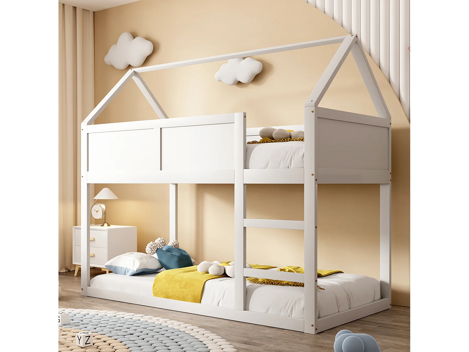 Beliche 90x200cm, cama de cabine infantil com escada e 1x estrado de ripas na parte superior, estrutura de madeira maciça, madeira branca