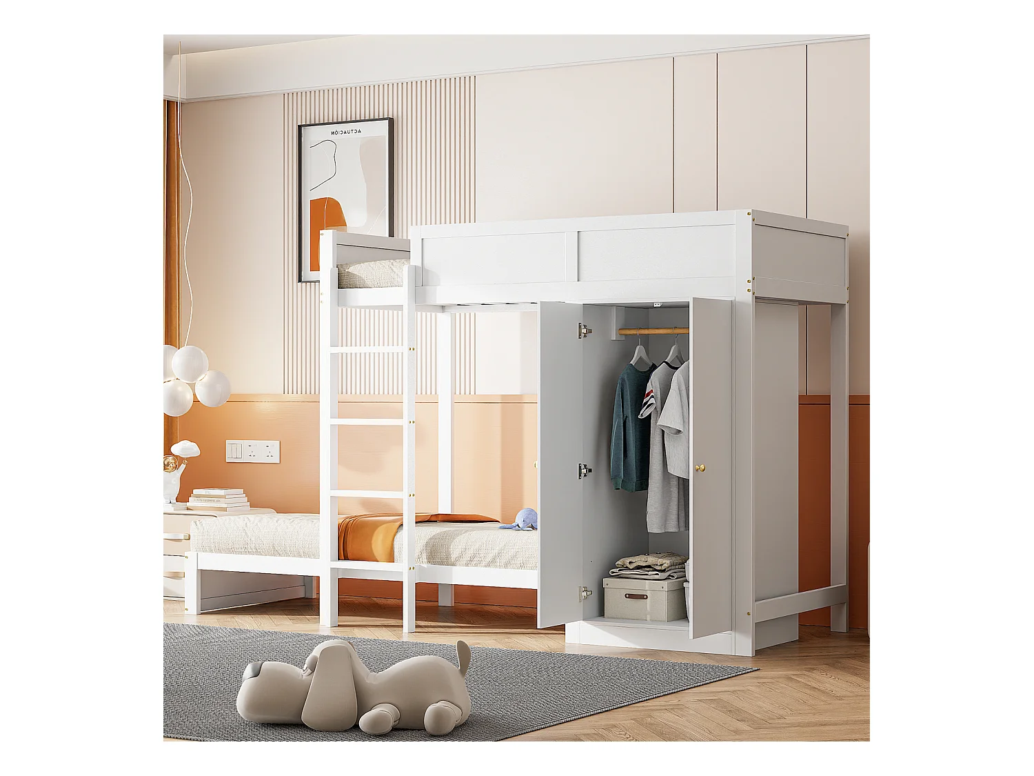 Lit superposé 90x200cm, lit enfant avec armoire, barrière de sécurité haute, lit ado, blanc