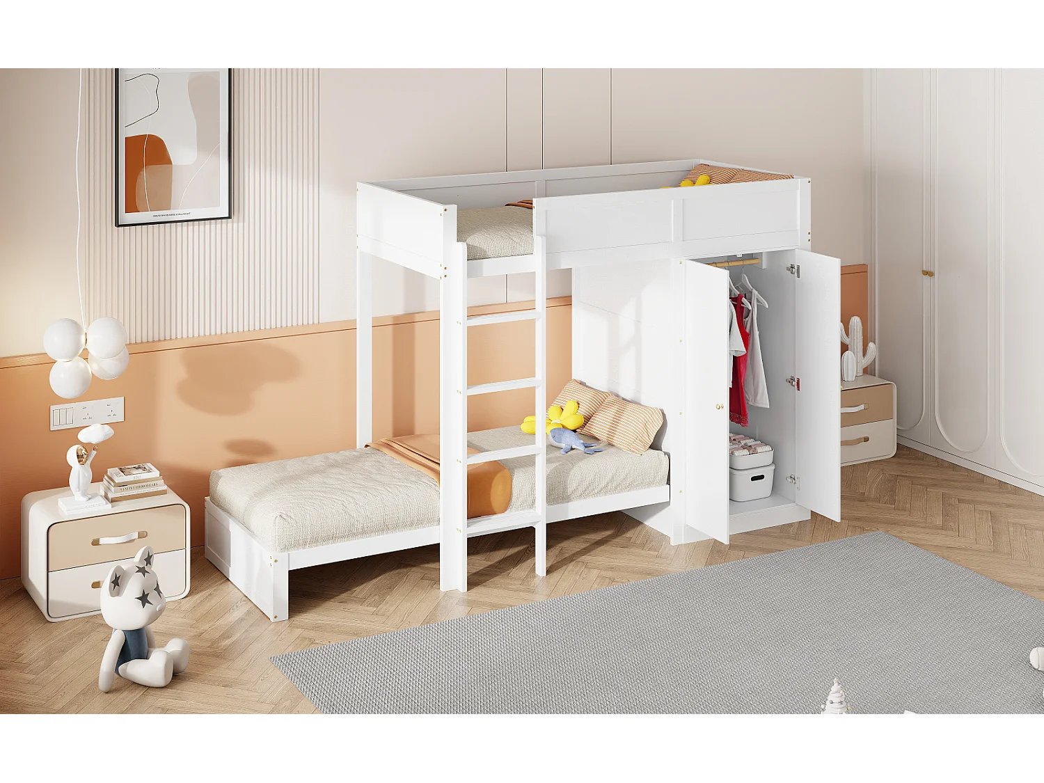 Stapelbed 90x200cm, kinderbed met kledingkast, hoge uitvalbeveiliging, tienerbed, wit