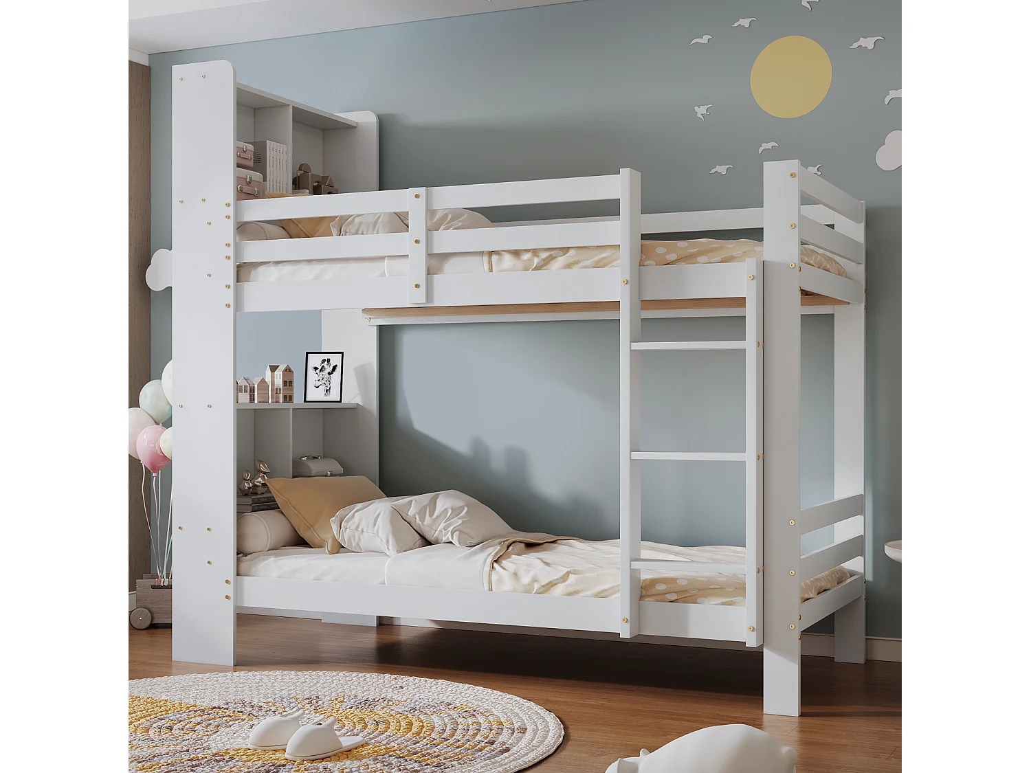 Stapelbed 90x200 cm met opbergplanken en 3-traps ladder, massief houten bedframe met boekenkast - Wit