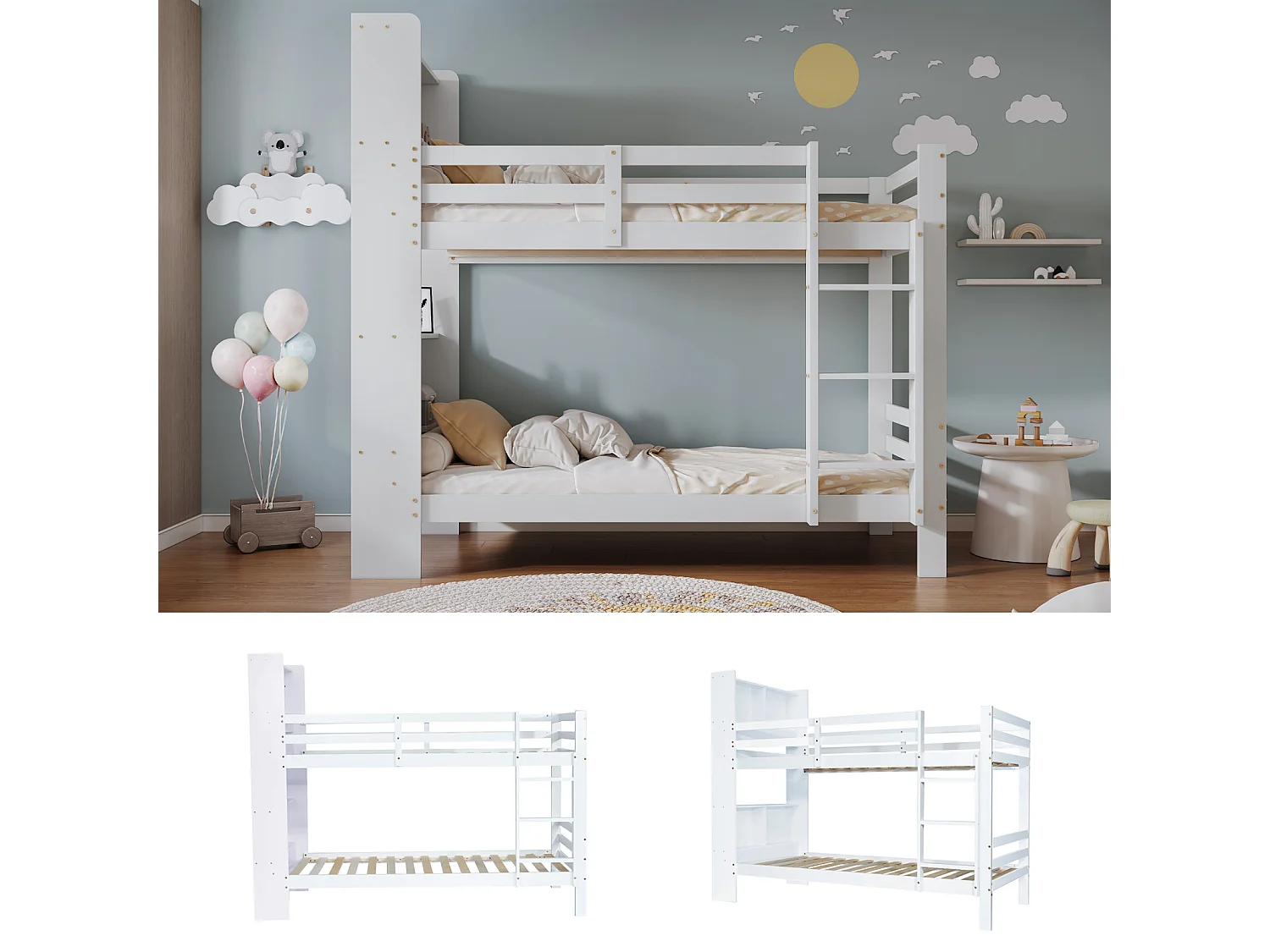 Stapelbed 90x200 cm met opbergplanken en 3-traps ladder, massief houten bedframe met boekenkast - Wit