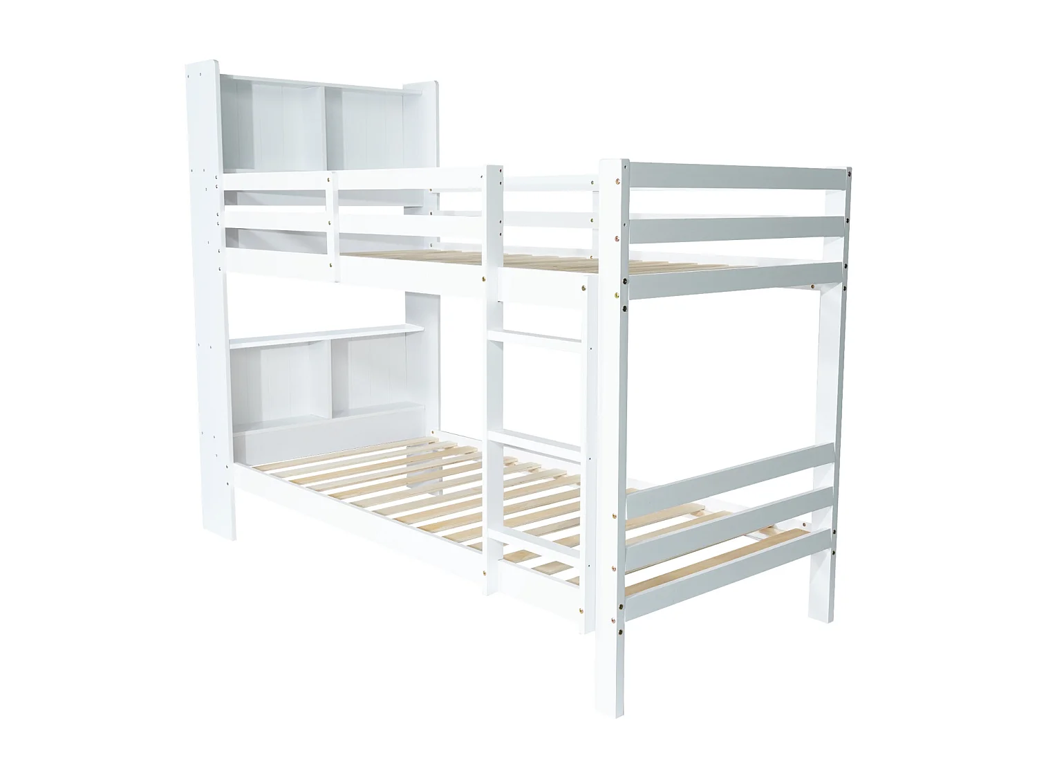 Stapelbed 90x200 cm met opbergplanken en 3-traps ladder, massief houten bedframe met boekenkast - Wit