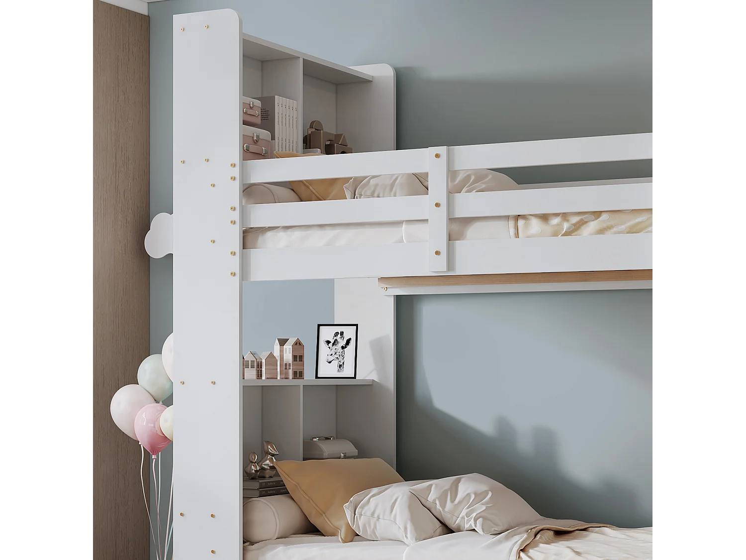 Stapelbed 90x200 cm met opbergplanken en 3-traps ladder, massief houten bedframe met boekenkast - Wit
