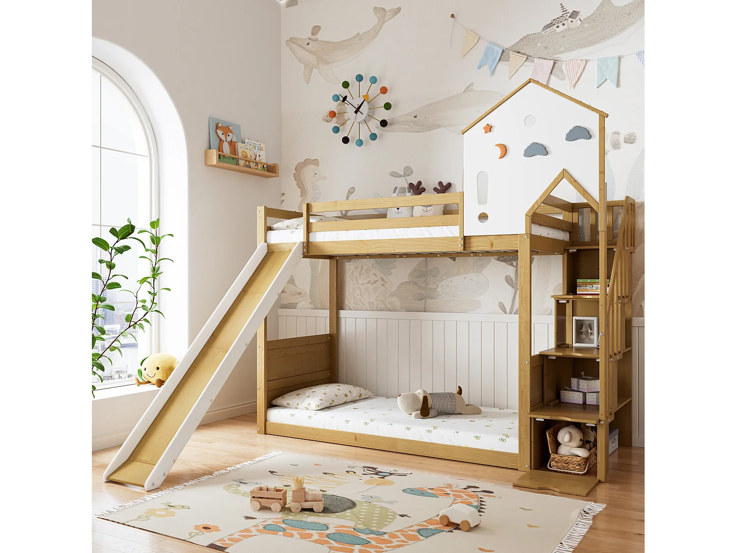 Lit superposé 90x200cm - lit cabane enfant avec toit, fenêtre, 3 casiers dans l'escalier, toboggan, pin+MDF, blanc+naturel