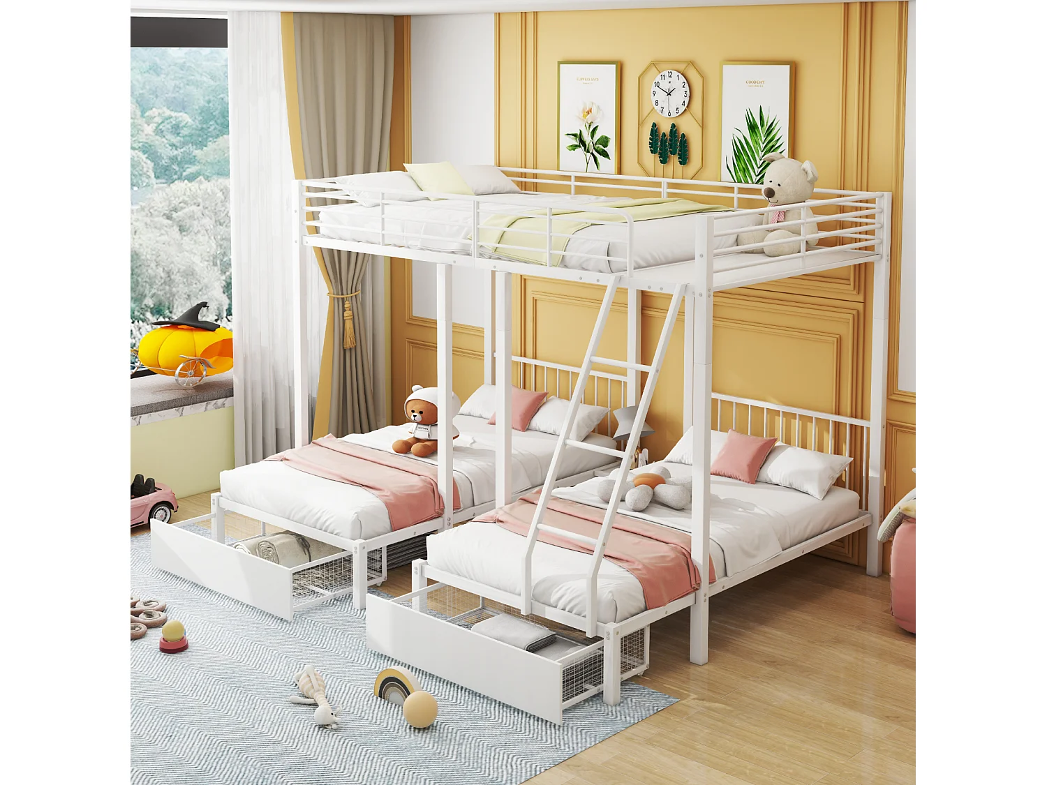 Letto a castello triplo, struttura in metallo, 140x200cm e 2 letti 90x200cm, con scaletta e 2 cassetti, rete a doghe inclusa, bianco