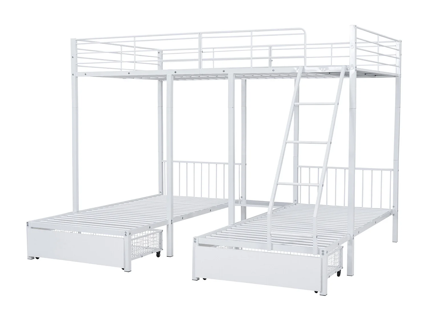 Litera triple, estructura metálica de 140x200cm y 2 camas de 90x200cm, con escalera y 2 cajones, somier incluido, color blanco