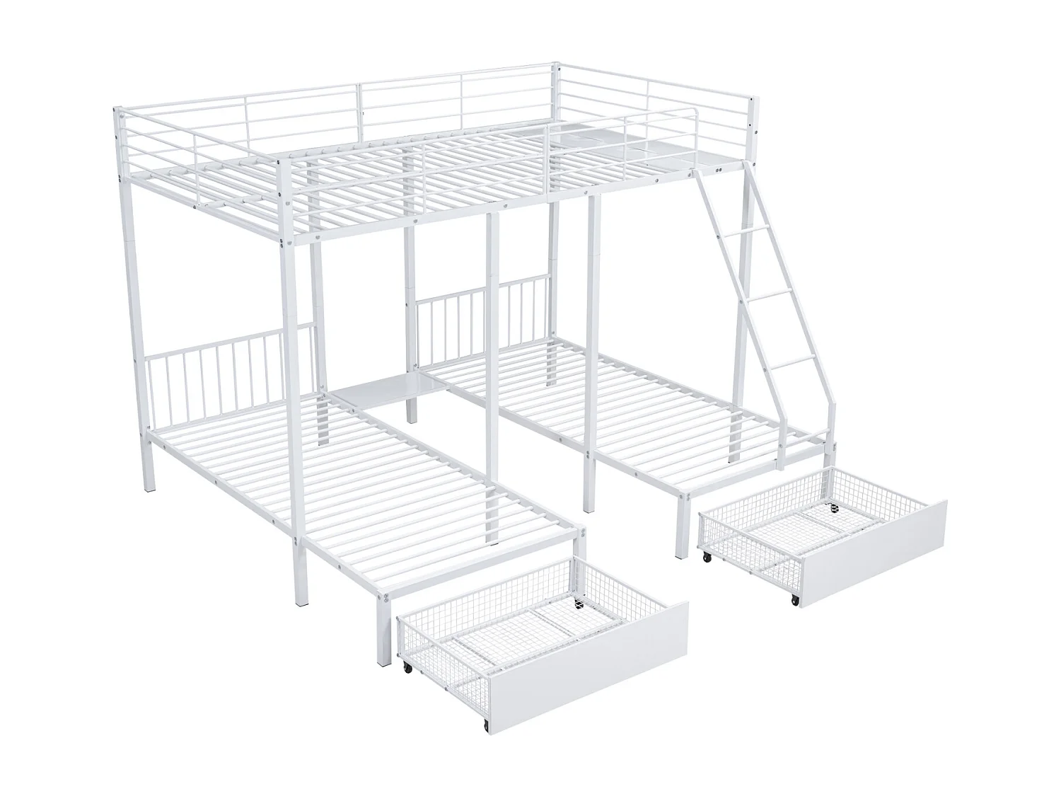 Litera triple, estructura metálica de 140x200cm y 2 camas de 90x200cm, con escalera y 2 cajones, somier incluido, color blanco