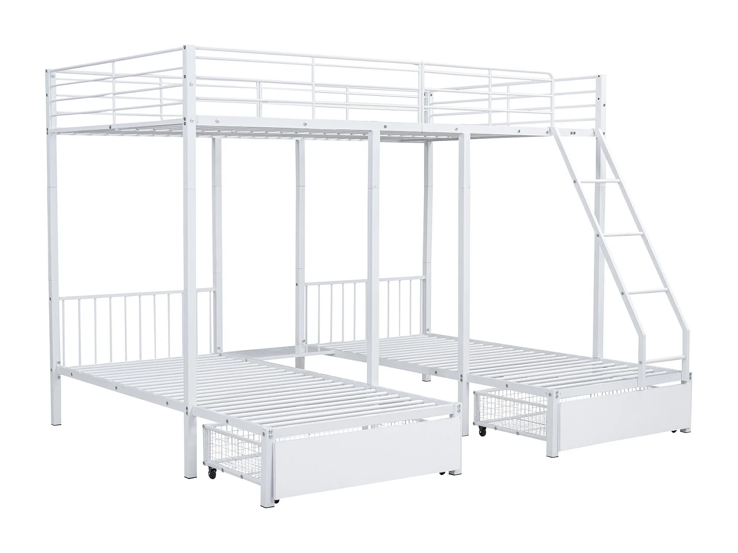 Litera triple, estructura metálica de 140x200cm y 2 camas de 90x200cm, con escalera y 2 cajones, somier incluido, color blanco