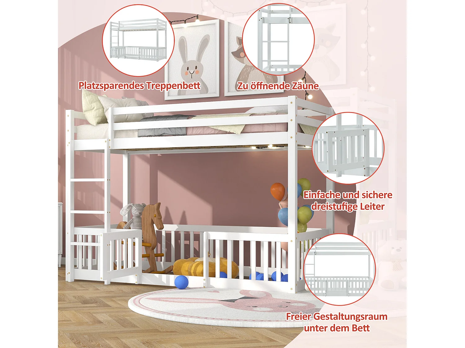 Stapelbed 90x200cm - kinderbed met trap en kleine deuren, valbeveiliging en massief houten barrières - wit