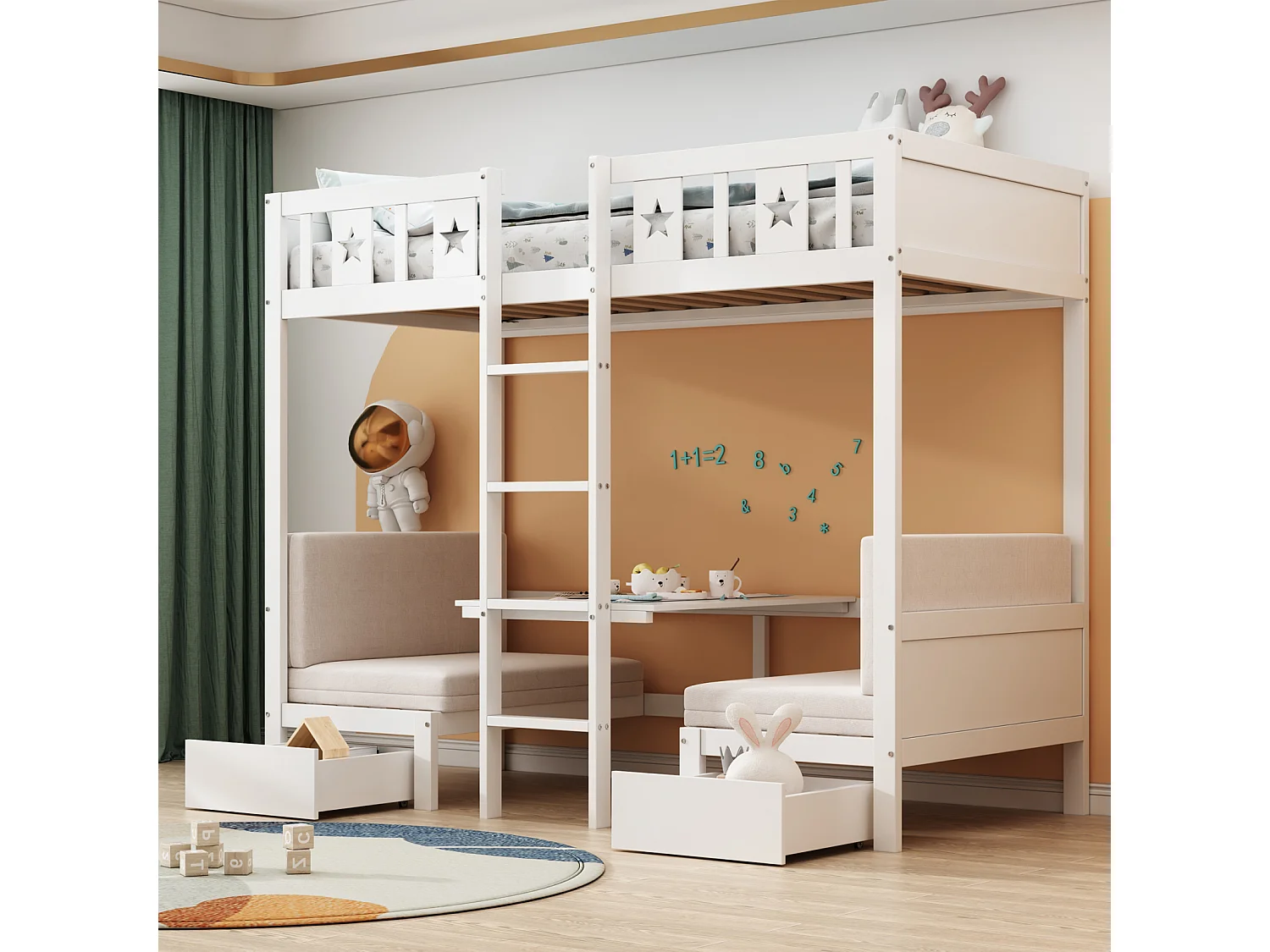 Stapelbed 90x200cm - 2 in 1 bed-bureau, zelf gestoffeerd, met 2 lades, ladder - houten kinderbed - wit