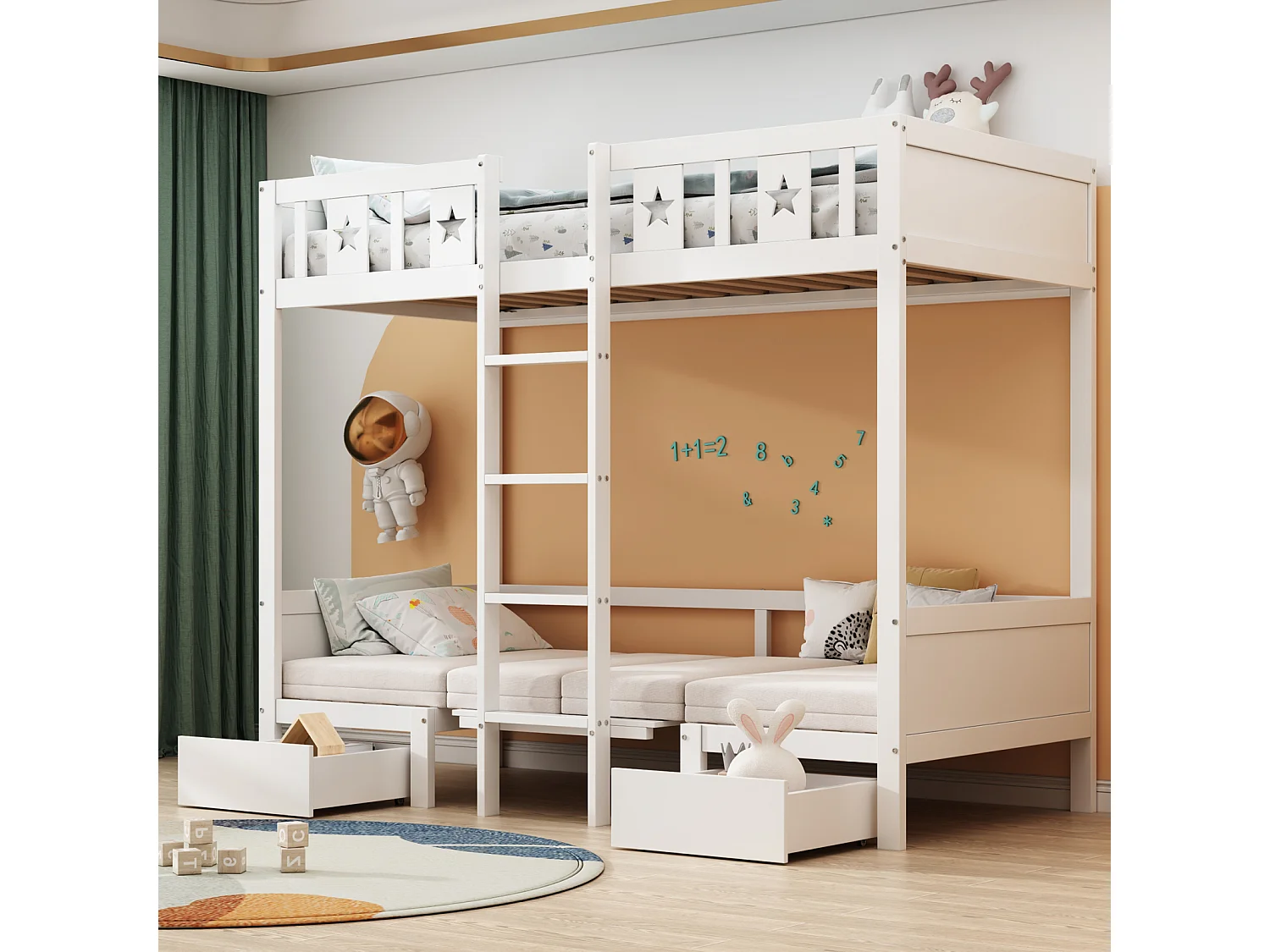 Stapelbed 90x200cm - 2 in 1 bed-bureau, zelf gestoffeerd, met 2 lades, ladder - houten kinderbed - wit