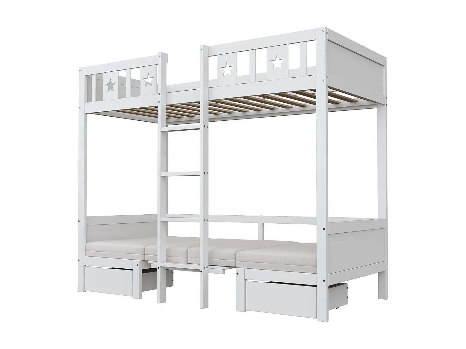 Stapelbed 90x200cm - 2 in 1 bed-bureau, zelf gestoffeerd, met 2 lades, ladder - houten kinderbed - wit
