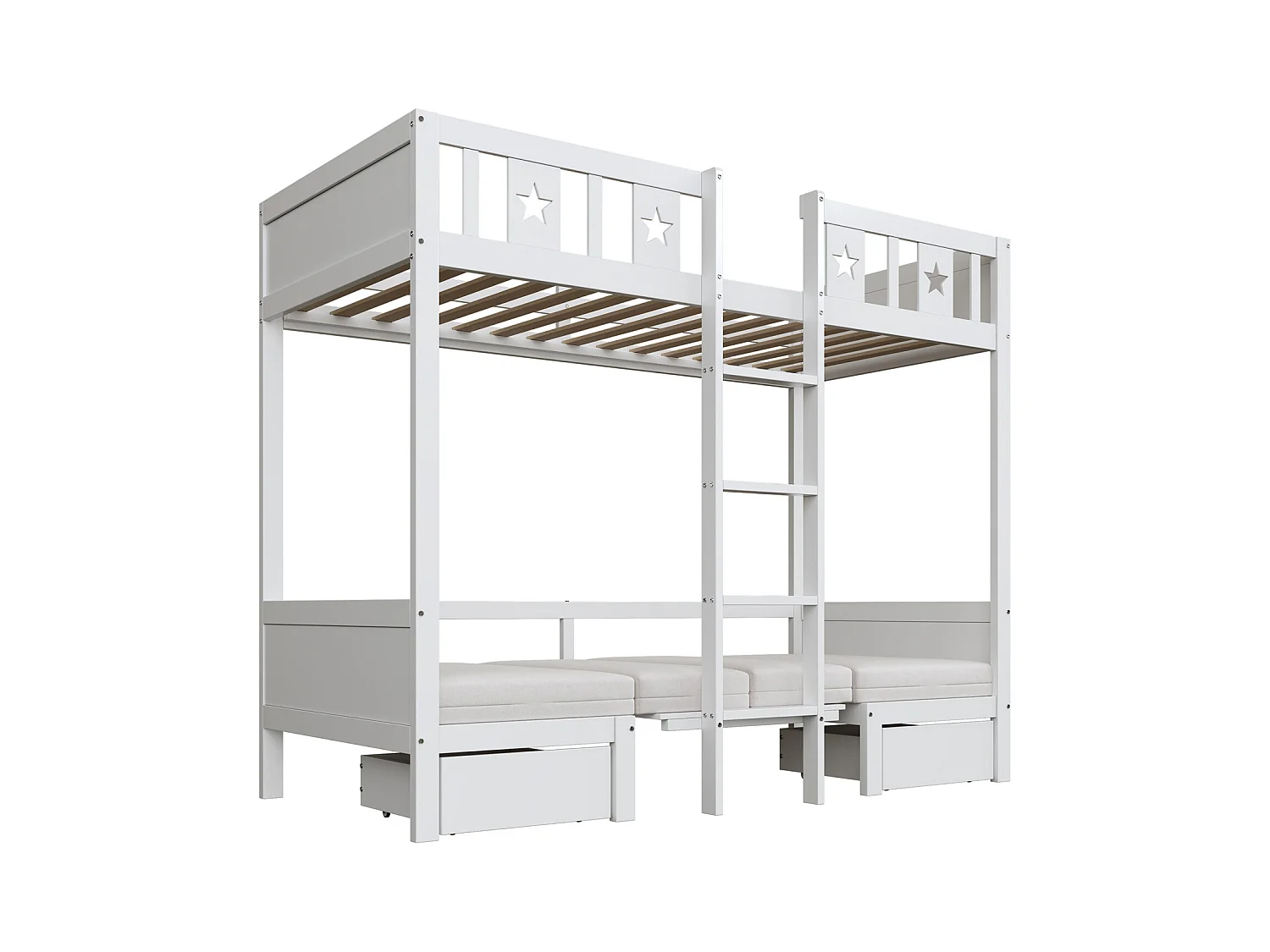 Litera 90x200cm - Cama-escritorio 2 en 1, tapizada, con 2 cajones, escalera - cama infantil de madera - color blanco