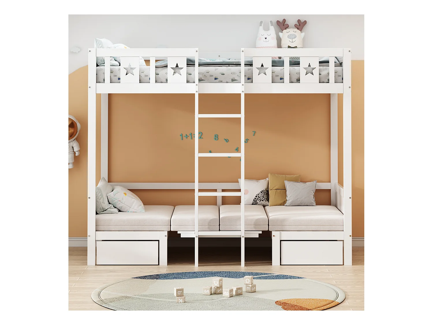 Litera 90x200cm - Cama-escritorio 2 en 1, tapizada, con 2 cajones, escalera - cama infantil de madera - color blanco