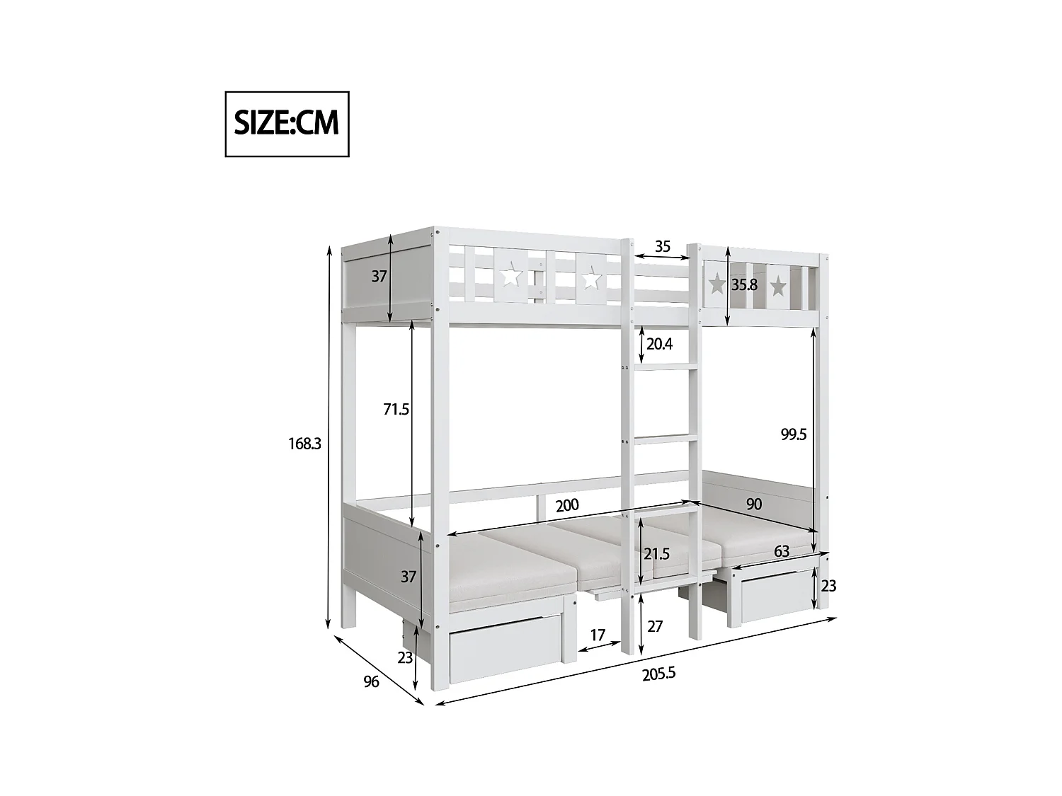 Litera 90x200cm - Cama-escritorio 2 en 1, tapizada, con 2 cajones, escalera - cama infantil de madera - color blanco